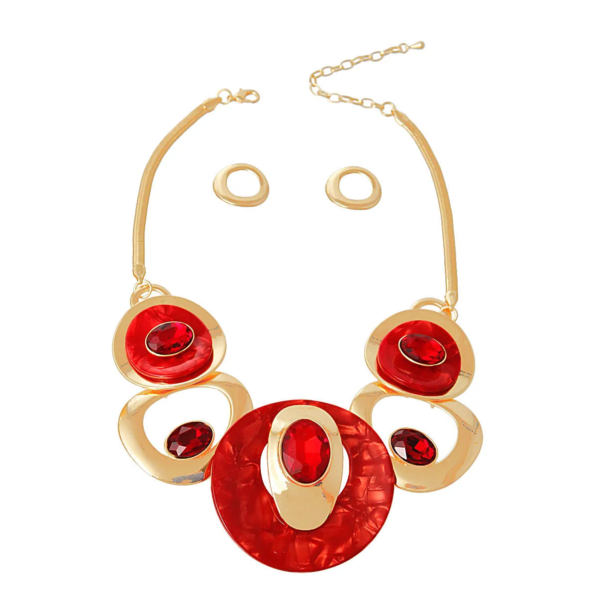 Gold and Red Circular Bib Necklace for Women
