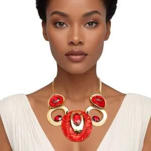 Gold and Red Circular Bib Necklace for Women