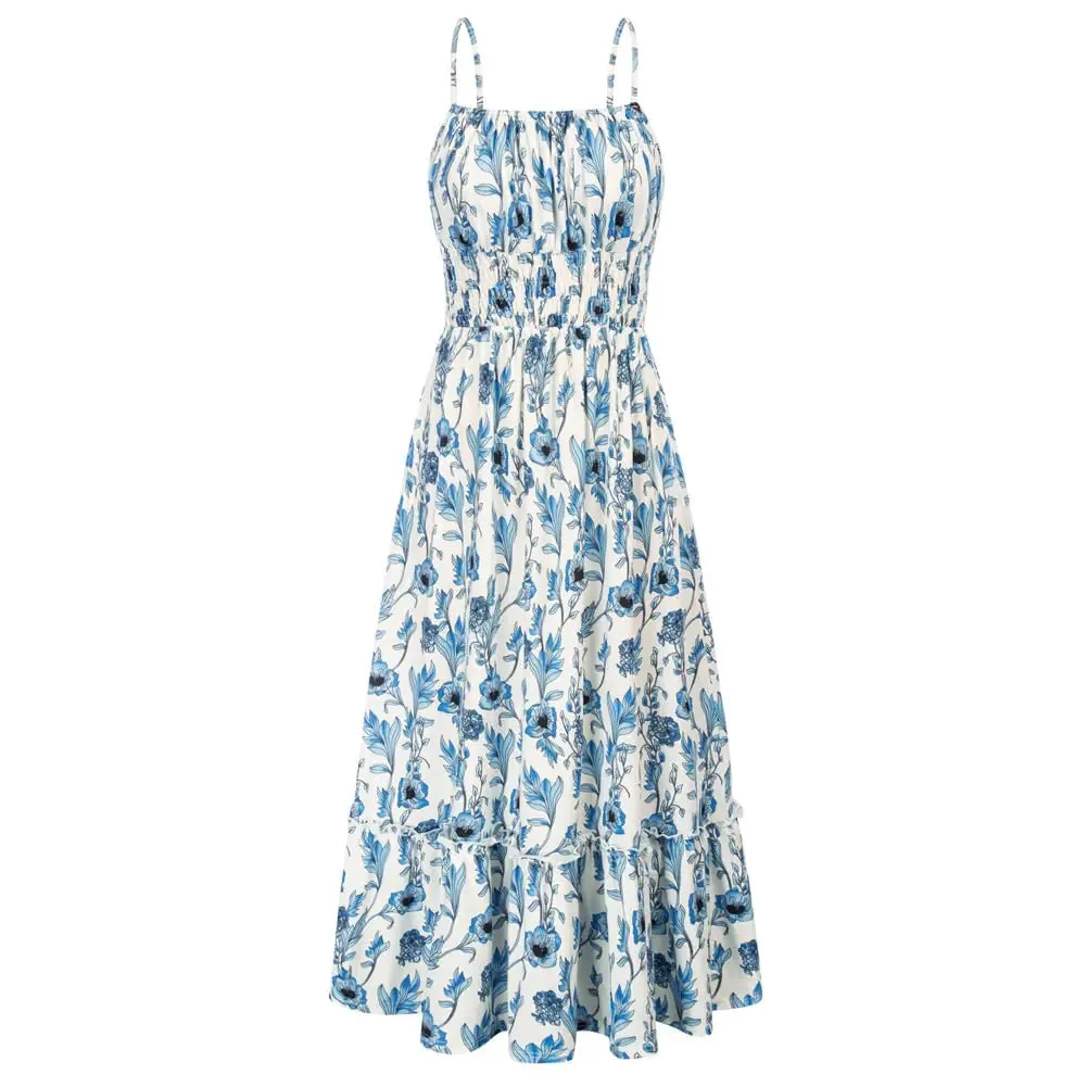 Grace Karin 2024 Boho Floral Dress Womens Spaghetti Strap Ruffle Maxi with Pockets - Blue, Size L