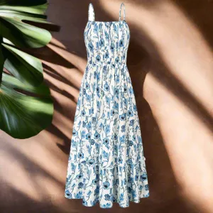 Grace Karin 2024 Boho Floral Dress Womens Spaghetti Strap Ruffle Maxi with Pockets - Blue, Size L
