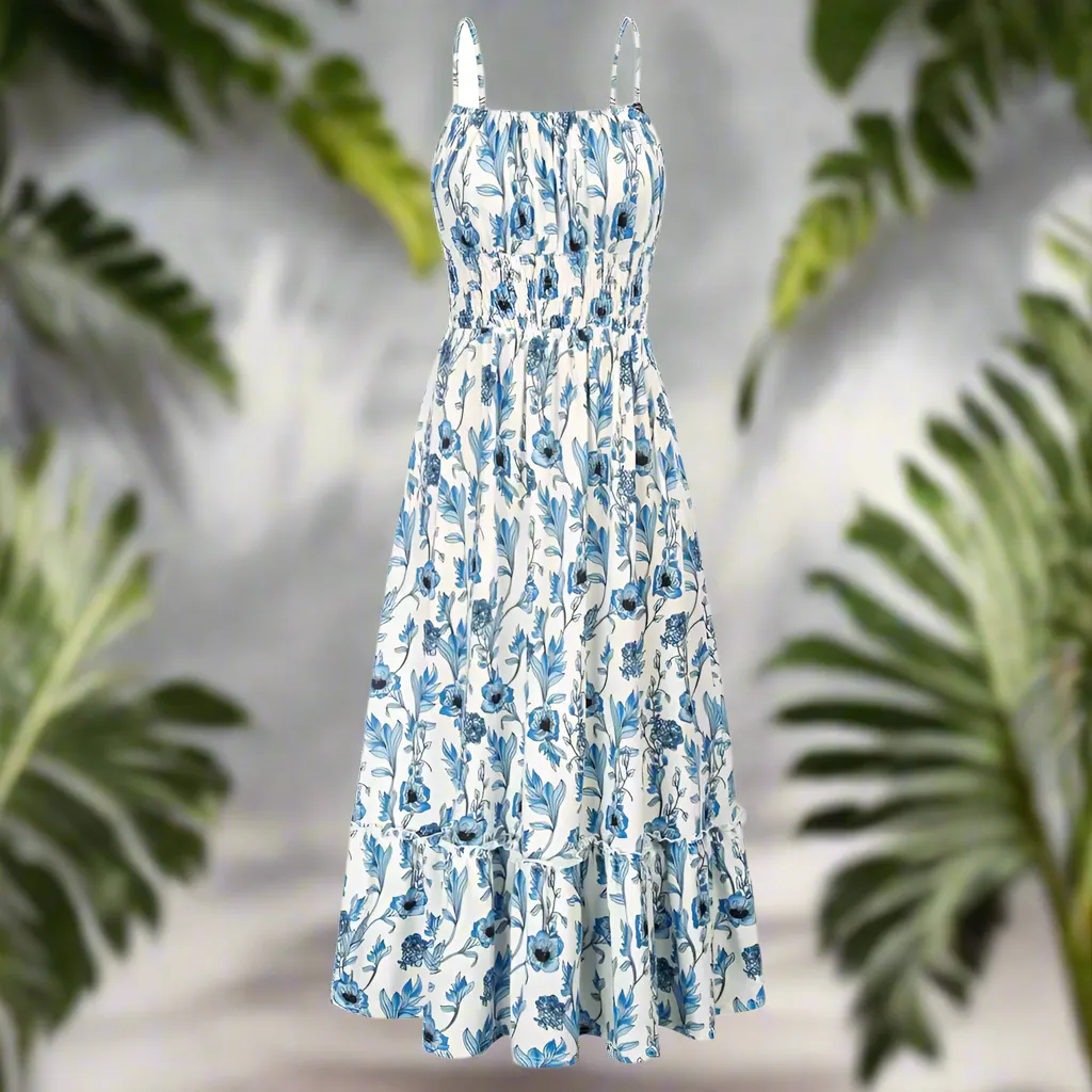 Grace Karin 2024 Boho Floral Dress Womens Spaghetti Strap Ruffle Maxi with Pockets - Blue, Size L