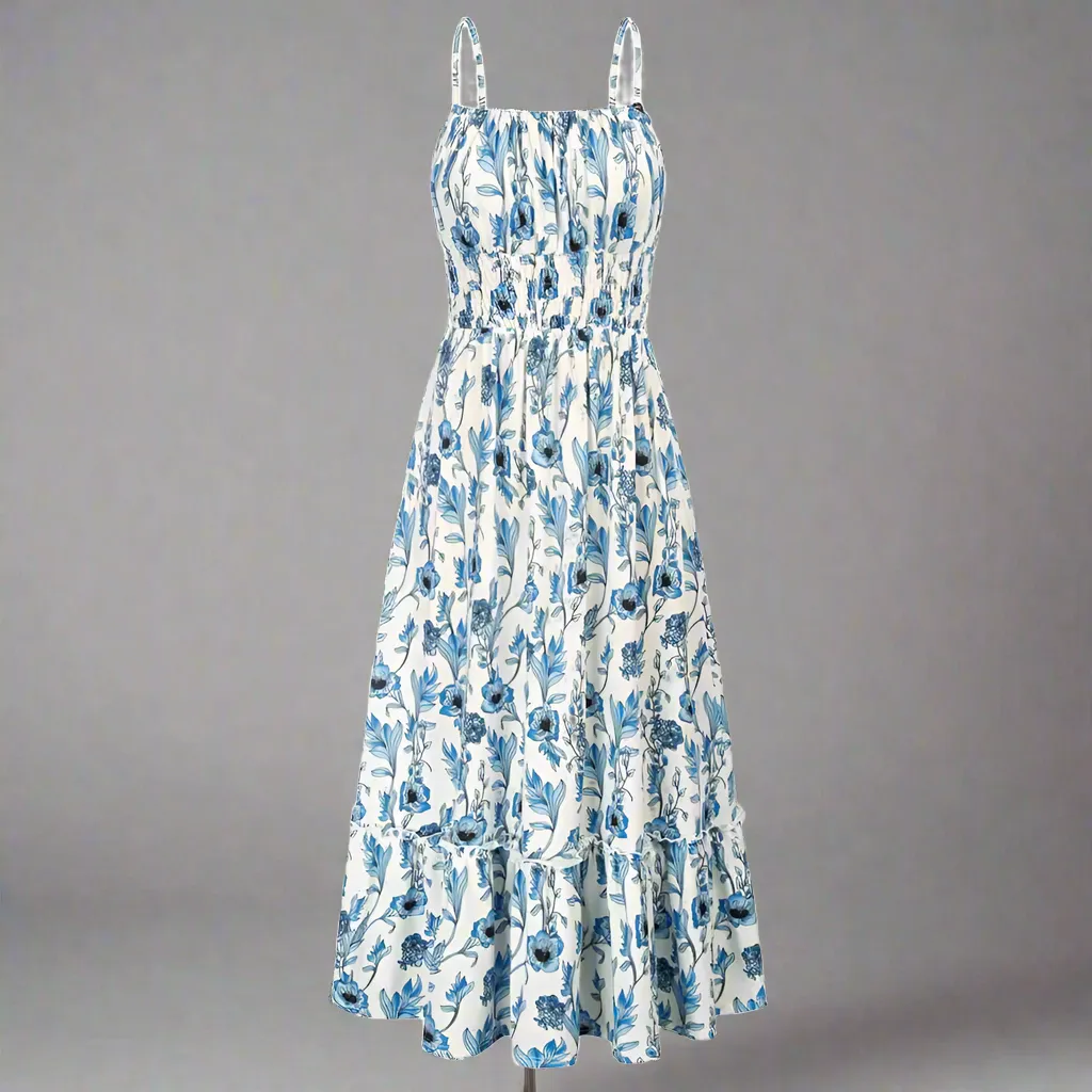 Grace Karin 2024 Boho Floral Dress Womens Spaghetti Strap Ruffle Maxi with Pockets - Blue, Size L