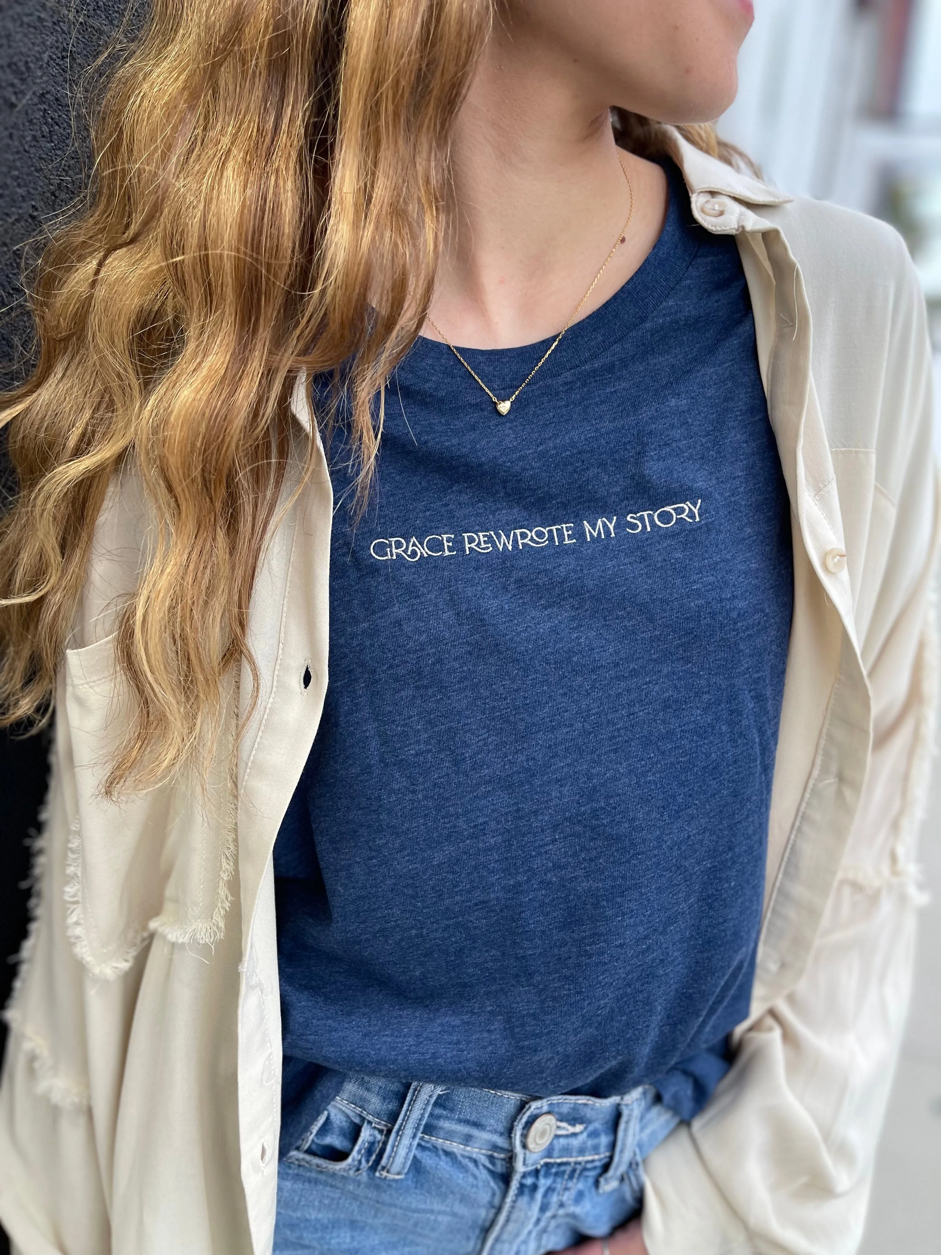 Grace Rewrote My Story Tee in Navy
