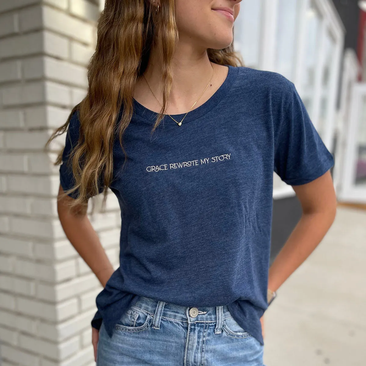 Grace Rewrote My Story Tee in Navy