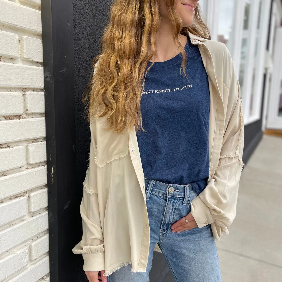 Grace Rewrote My Story Tee in Navy