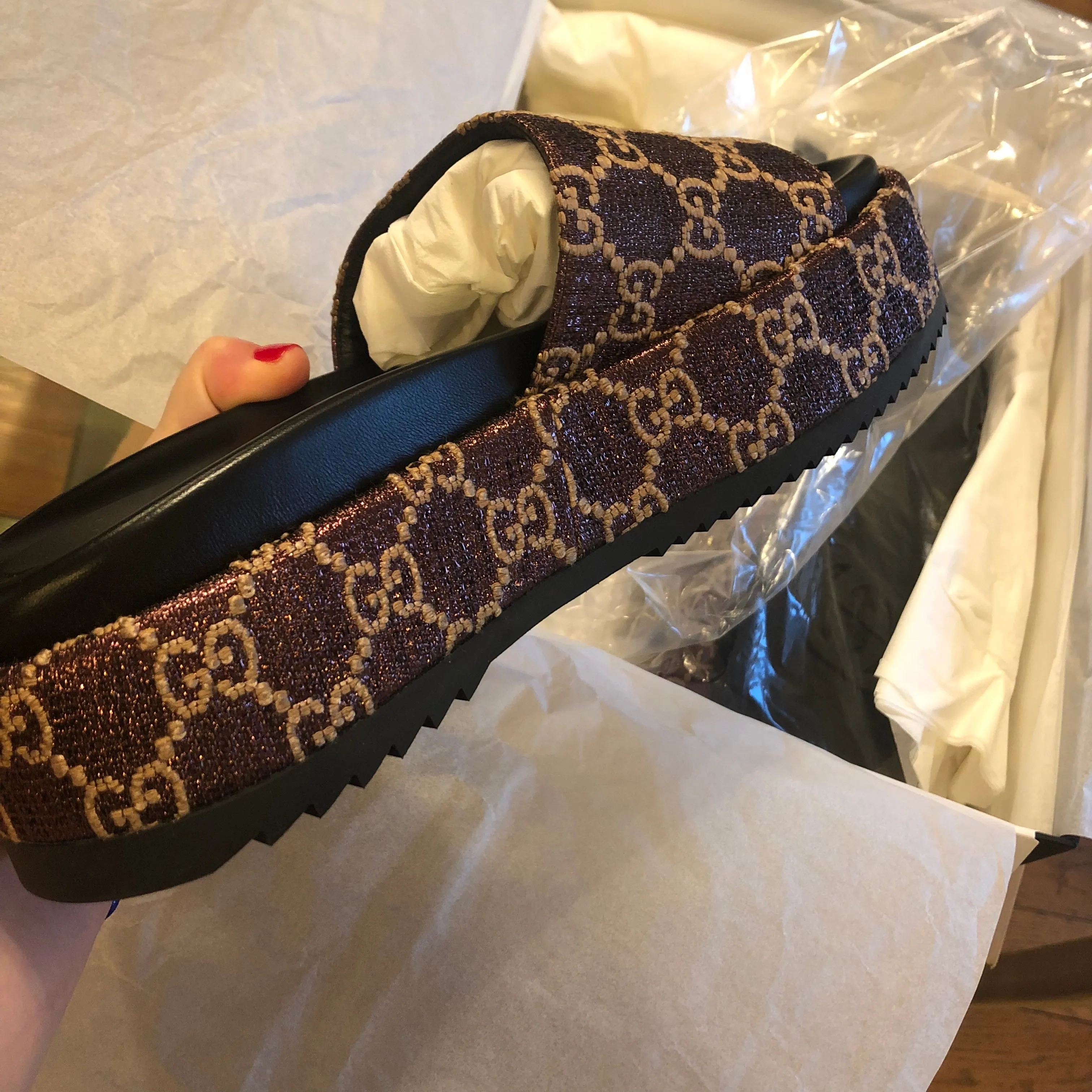 Gucci Lamé GG Angelina Slides in Brown & Beige