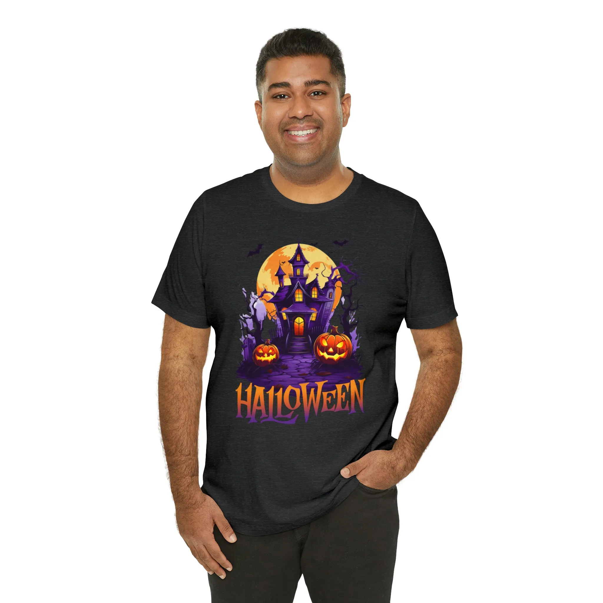 Halloween Haunted House T-Shirt | Scary House with Bats Tee |  Bella Canvas 3001Unisex | Spooky Short Sleeve Tshirt