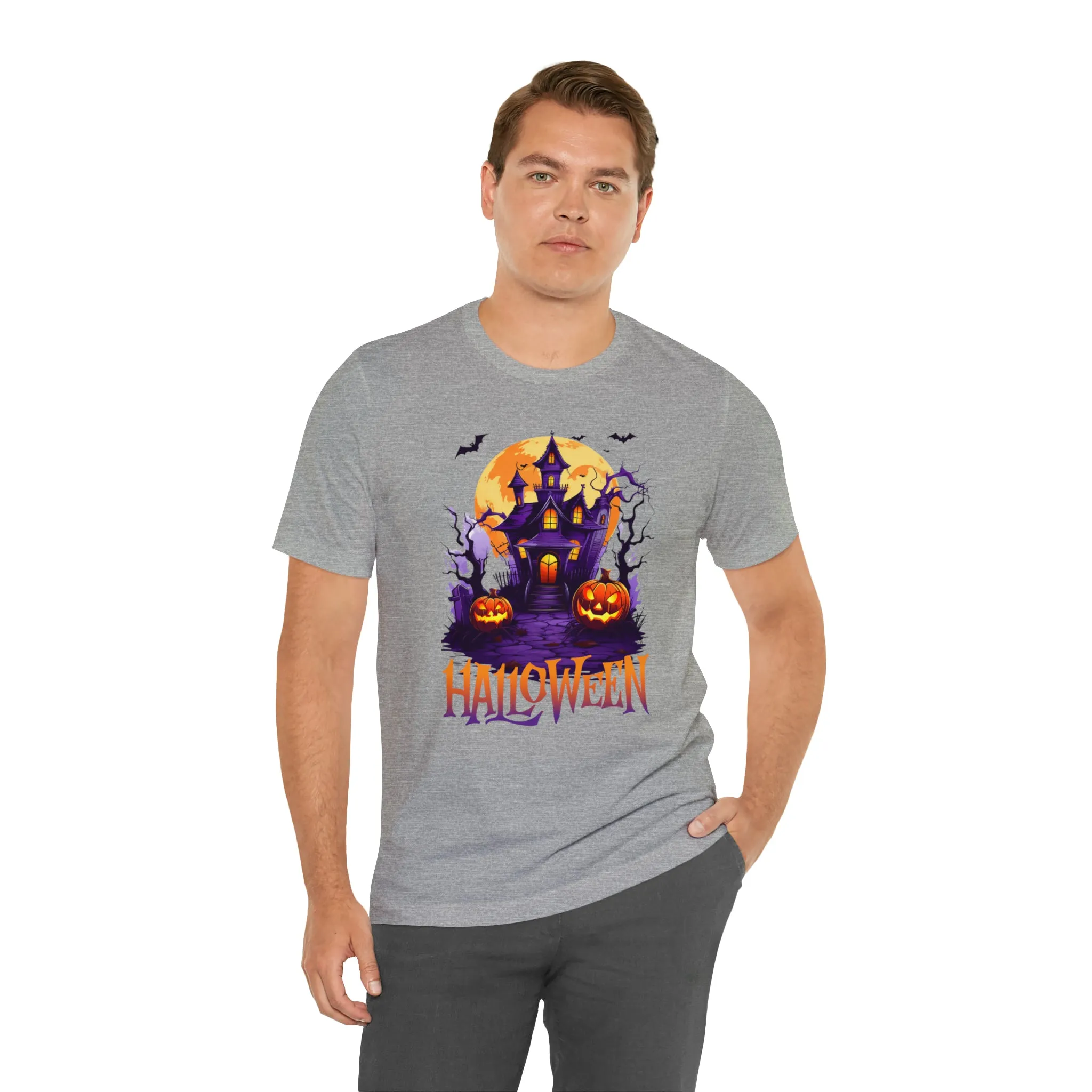 Halloween Haunted House T-Shirt | Scary House with Bats Tee |  Bella Canvas 3001Unisex | Spooky Short Sleeve Tshirt
