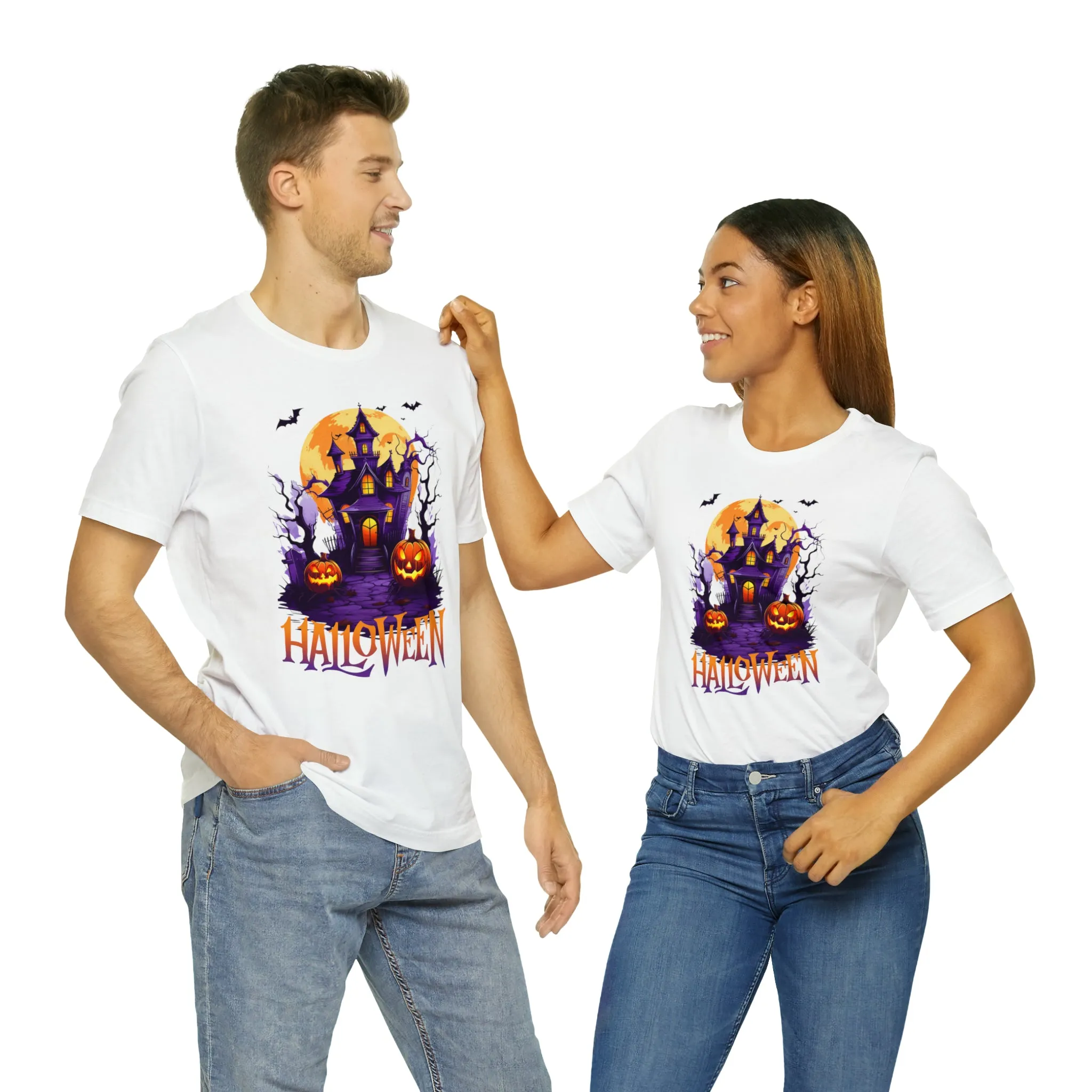 Halloween Haunted House T-Shirt | Scary House with Bats Tee |  Bella Canvas 3001Unisex | Spooky Short Sleeve Tshirt