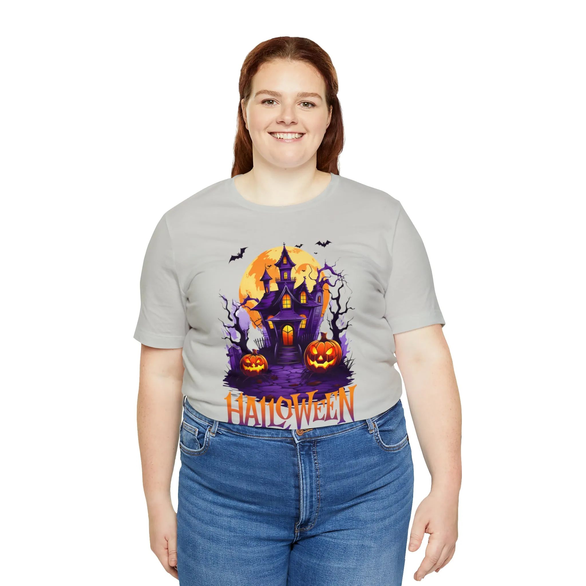 Halloween Haunted House T-Shirt | Scary House with Bats Tee |  Bella Canvas 3001Unisex | Spooky Short Sleeve Tshirt