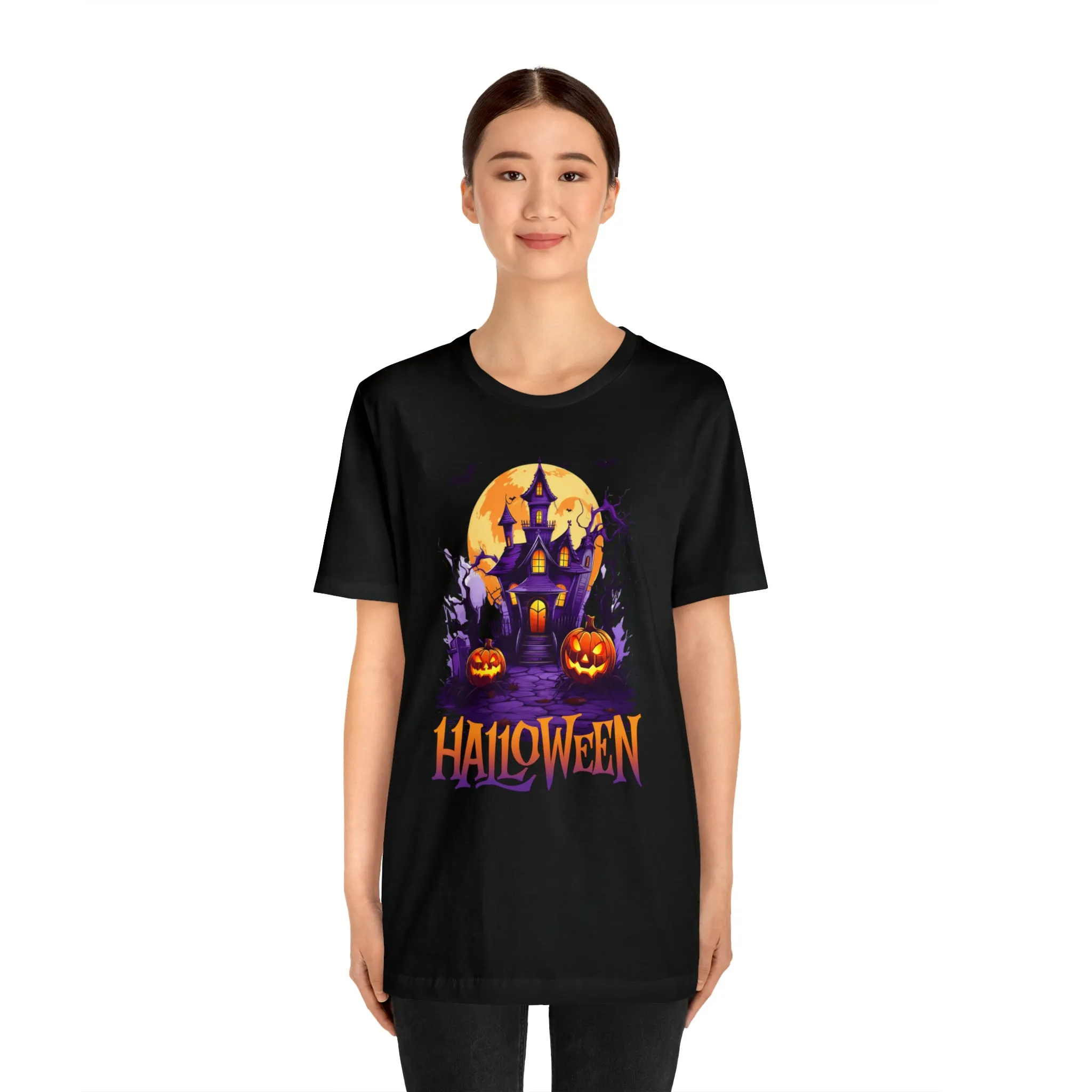 Halloween Haunted House T-Shirt | Scary House with Bats Tee |  Bella Canvas 3001Unisex | Spooky Short Sleeve Tshirt