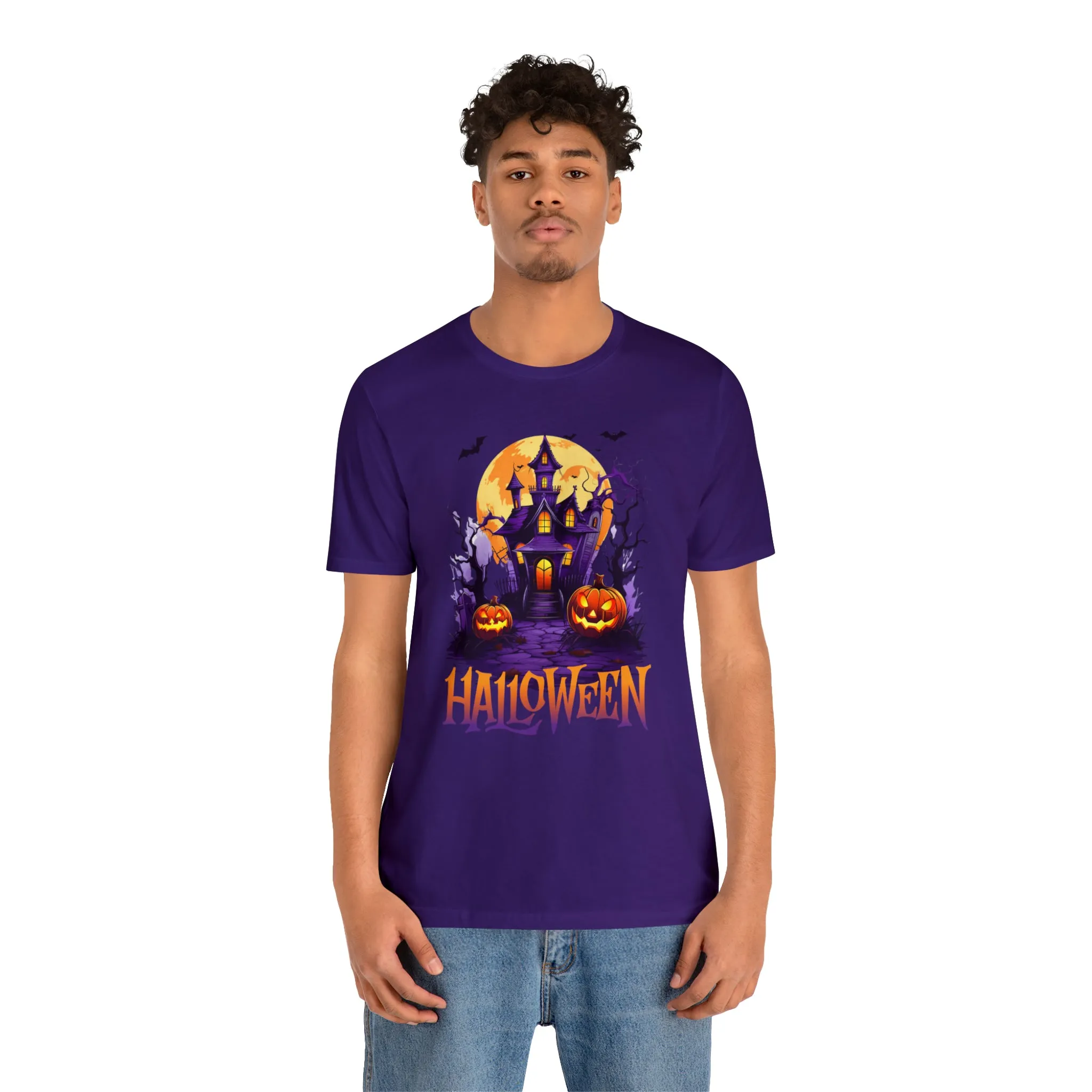Halloween Haunted House T-Shirt | Scary House with Bats Tee |  Bella Canvas 3001Unisex | Spooky Short Sleeve Tshirt