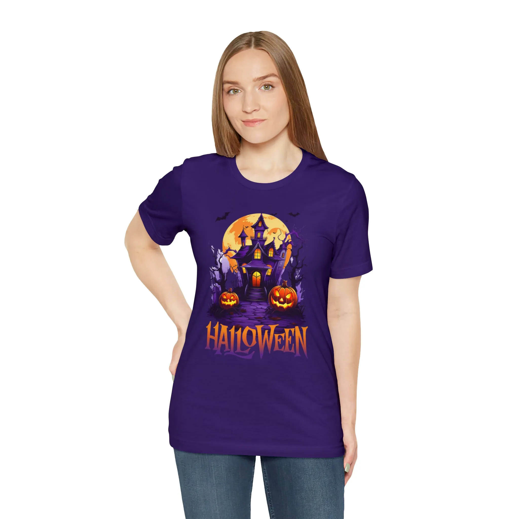 Halloween Haunted House T-Shirt | Scary House with Bats Tee |  Bella Canvas 3001Unisex | Spooky Short Sleeve Tshirt