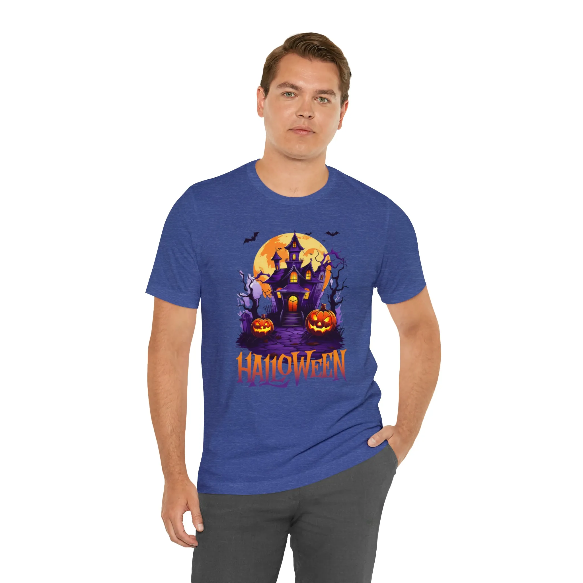 Halloween Haunted House T-Shirt | Scary House with Bats Tee |  Bella Canvas 3001Unisex | Spooky Short Sleeve Tshirt