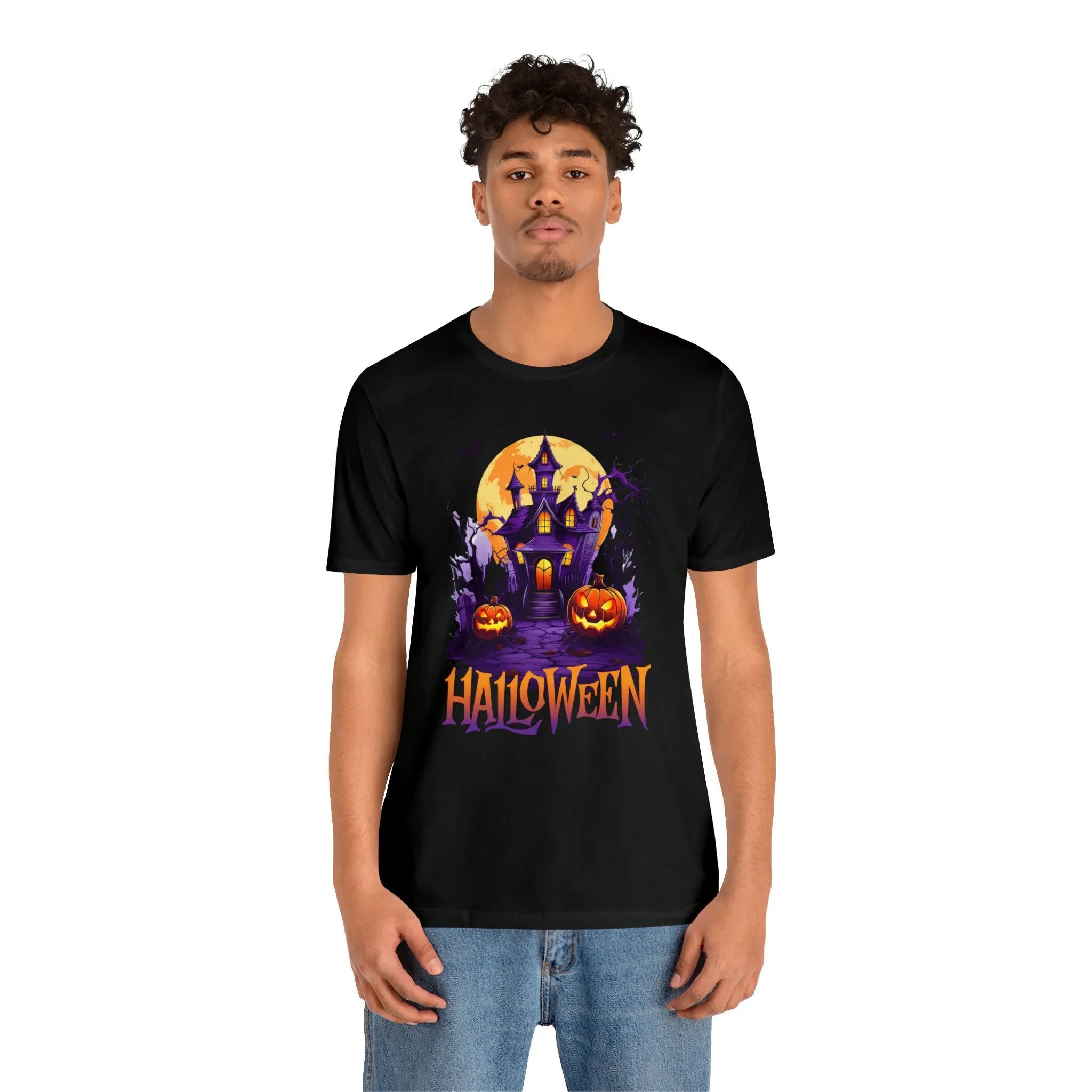 Halloween Haunted House T-Shirt | Scary House with Bats Tee |  Bella Canvas 3001Unisex | Spooky Short Sleeve Tshirt