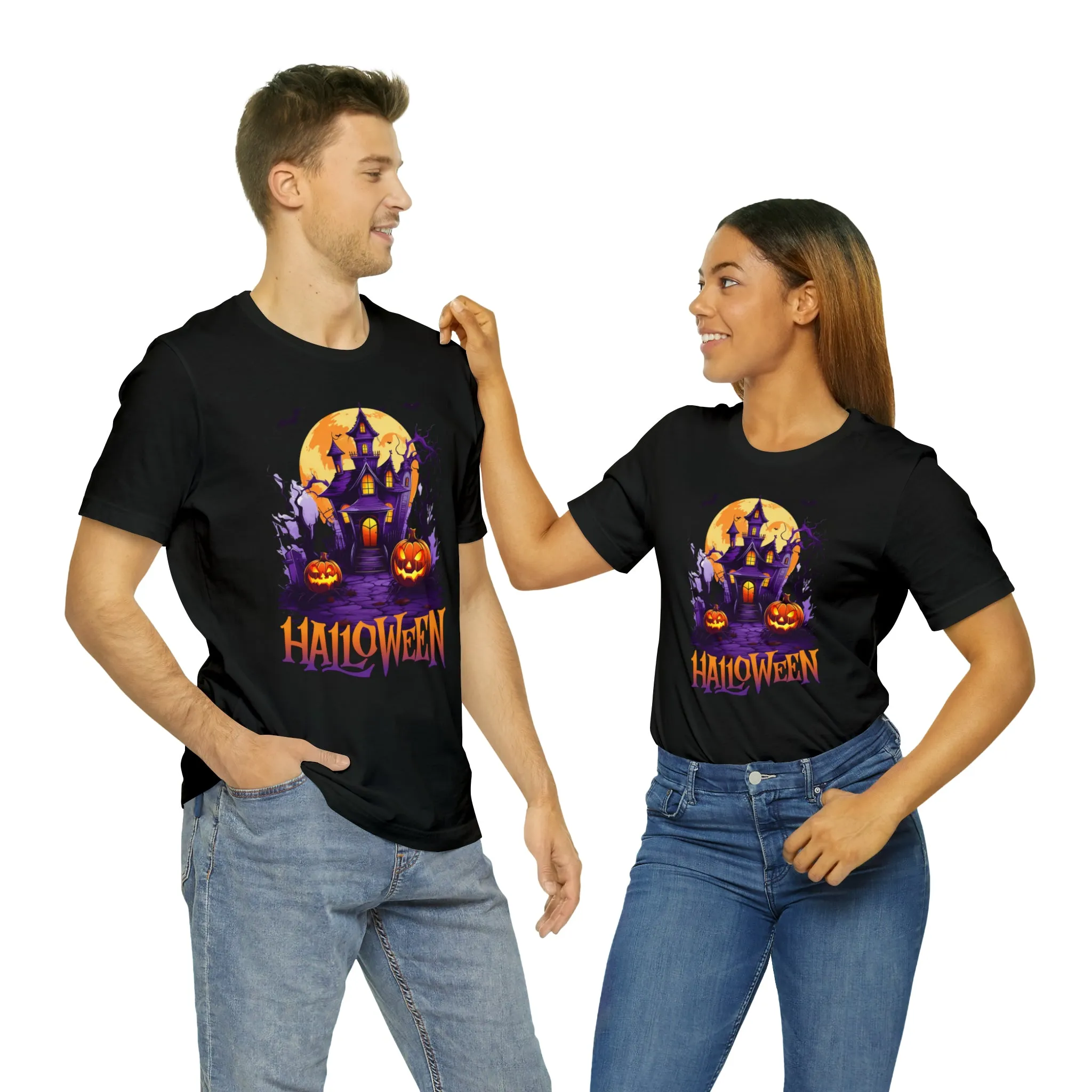 Halloween Haunted House T-Shirt | Scary House with Bats Tee |  Bella Canvas 3001Unisex | Spooky Short Sleeve Tshirt