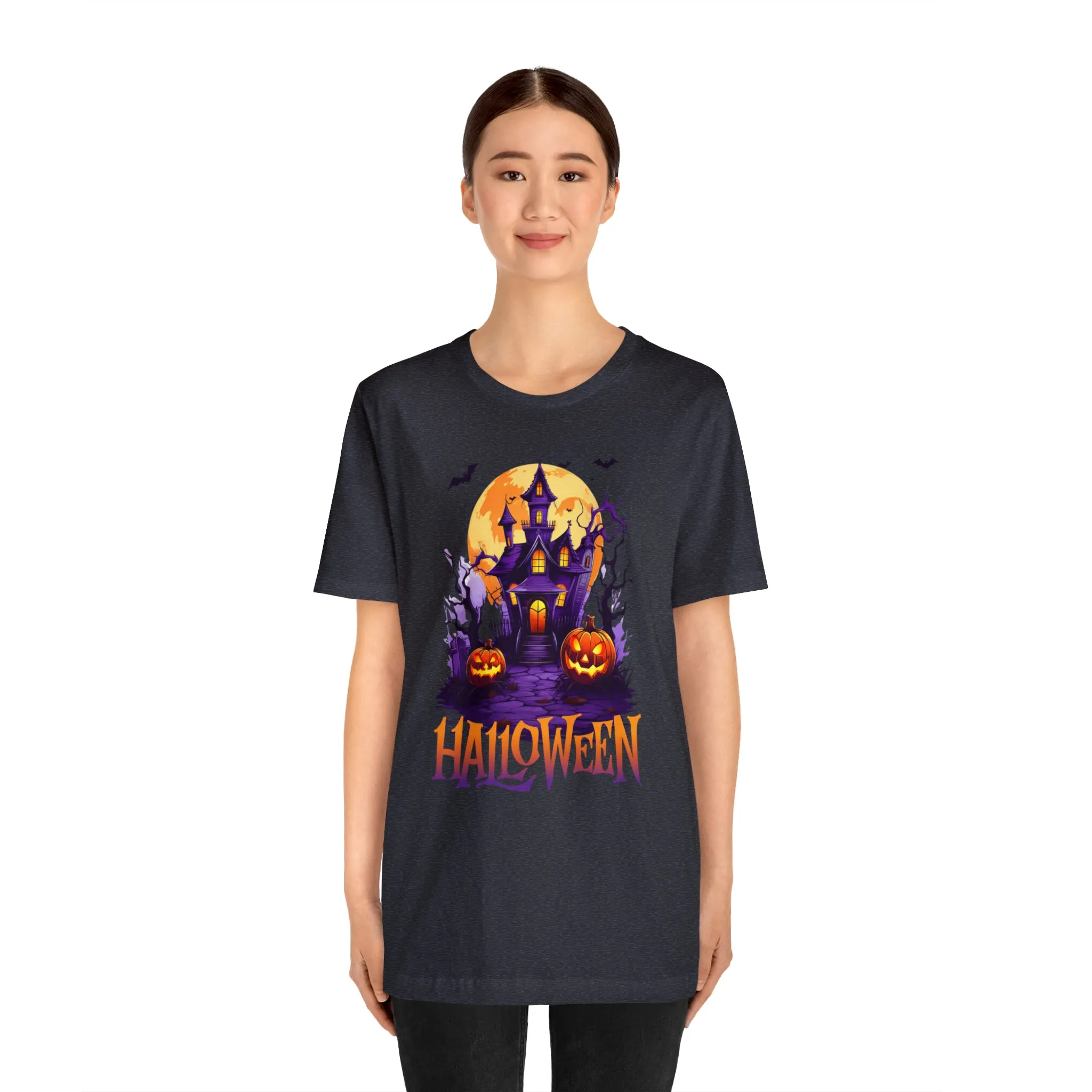 Halloween Haunted House T-Shirt | Scary House with Bats Tee |  Bella Canvas 3001Unisex | Spooky Short Sleeve Tshirt