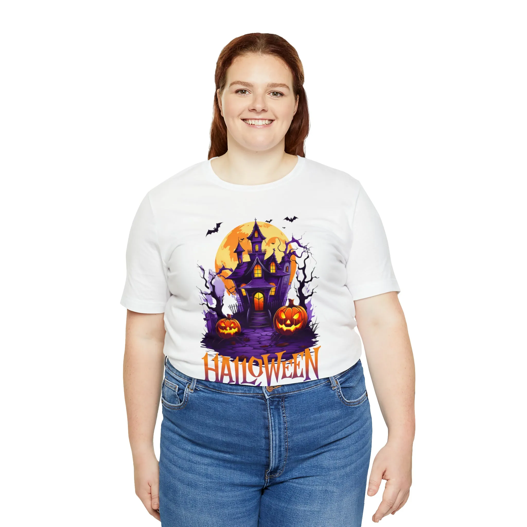 Halloween Haunted House T-Shirt | Scary House with Bats Tee |  Bella Canvas 3001Unisex | Spooky Short Sleeve Tshirt