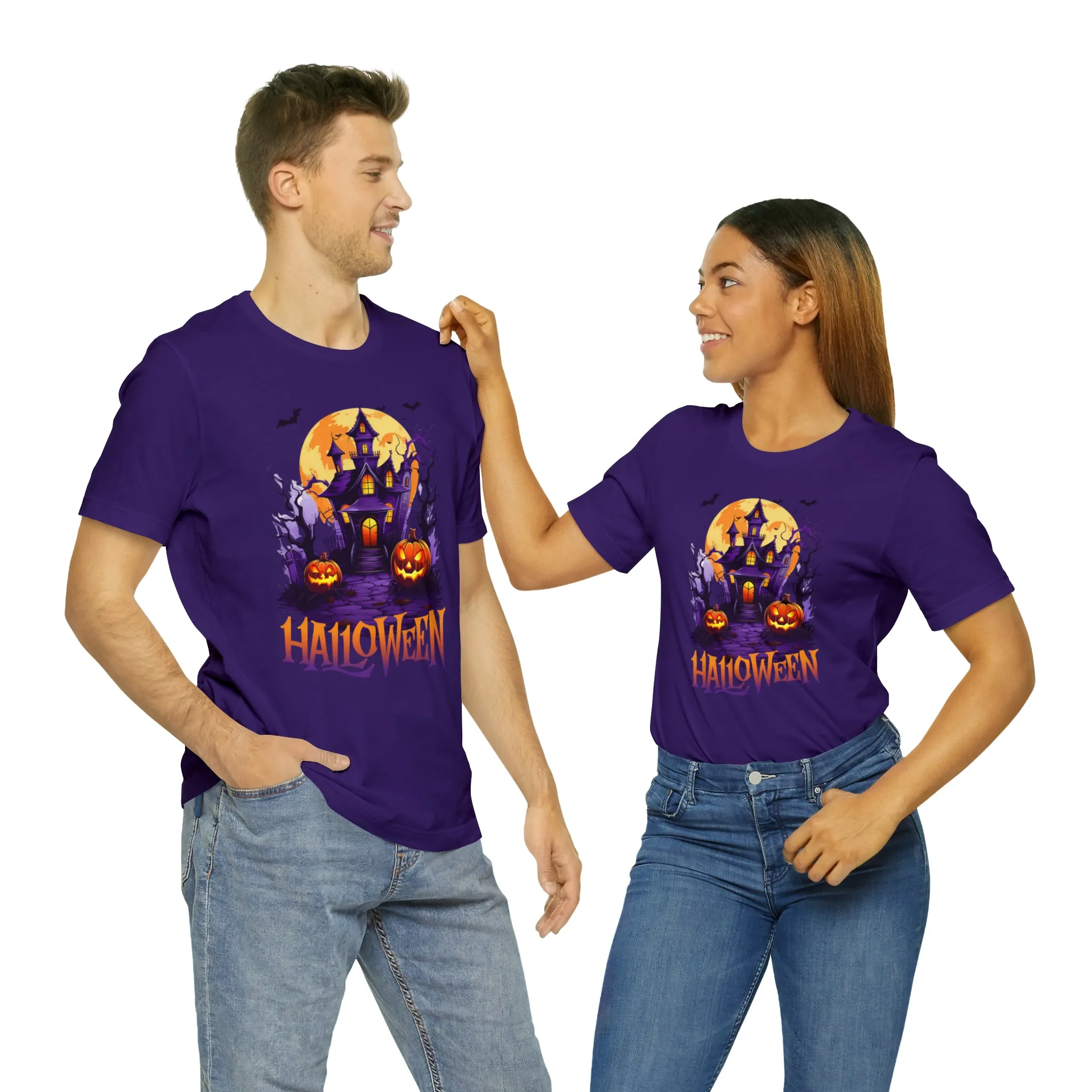 Halloween Haunted House T-Shirt | Scary House with Bats Tee |  Bella Canvas 3001Unisex | Spooky Short Sleeve Tshirt