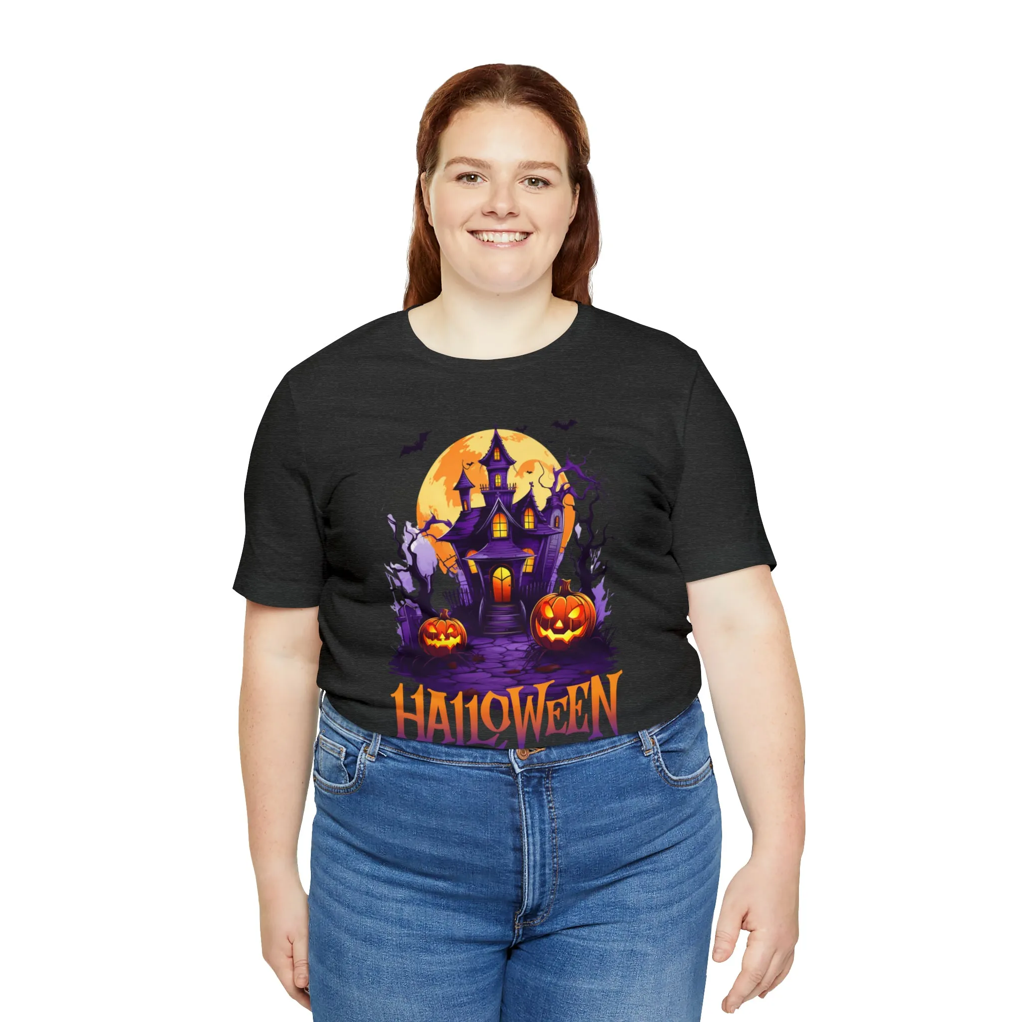 Halloween Haunted House T-Shirt | Scary House with Bats Tee |  Bella Canvas 3001Unisex | Spooky Short Sleeve Tshirt