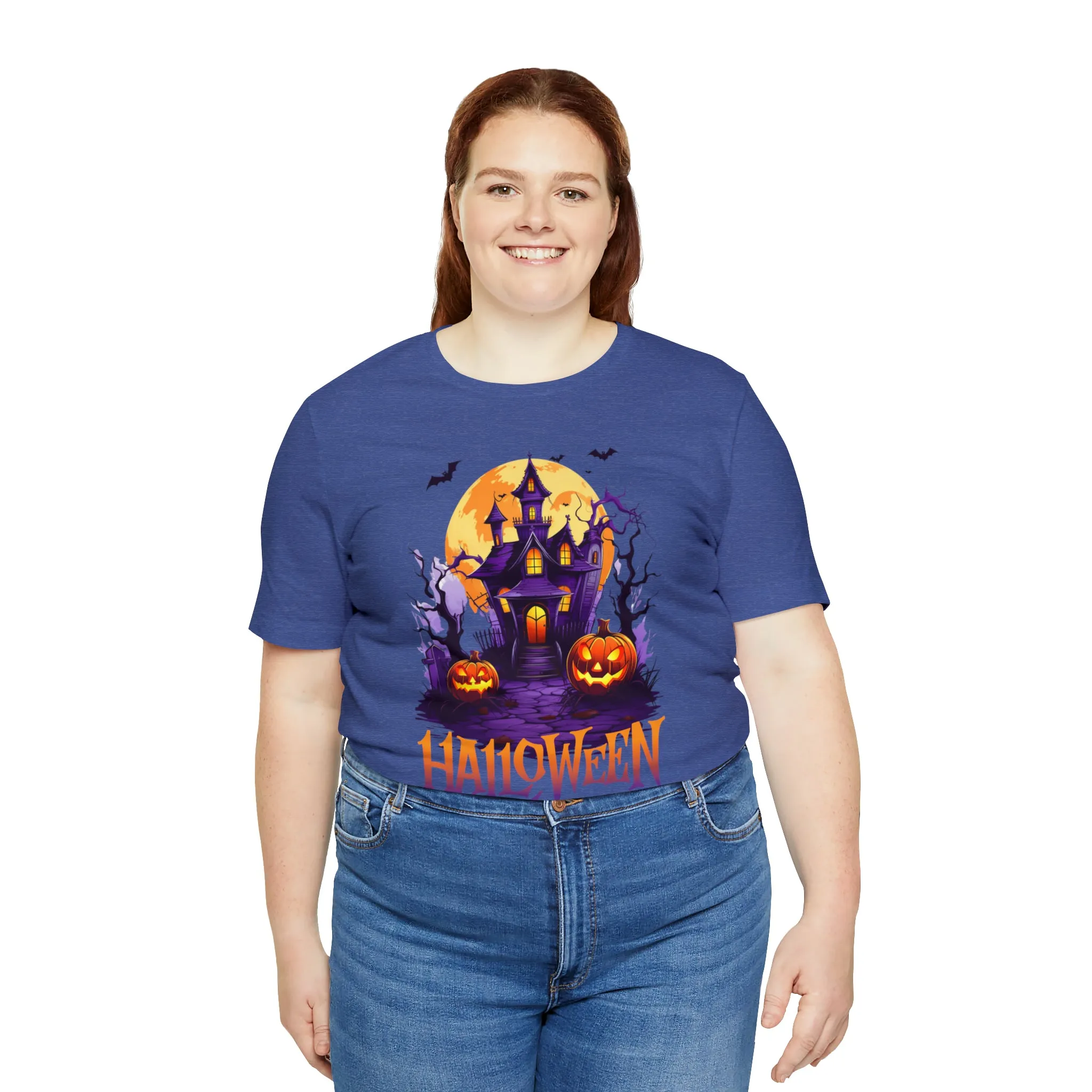 Halloween Haunted House T-Shirt | Scary House with Bats Tee |  Bella Canvas 3001Unisex | Spooky Short Sleeve Tshirt