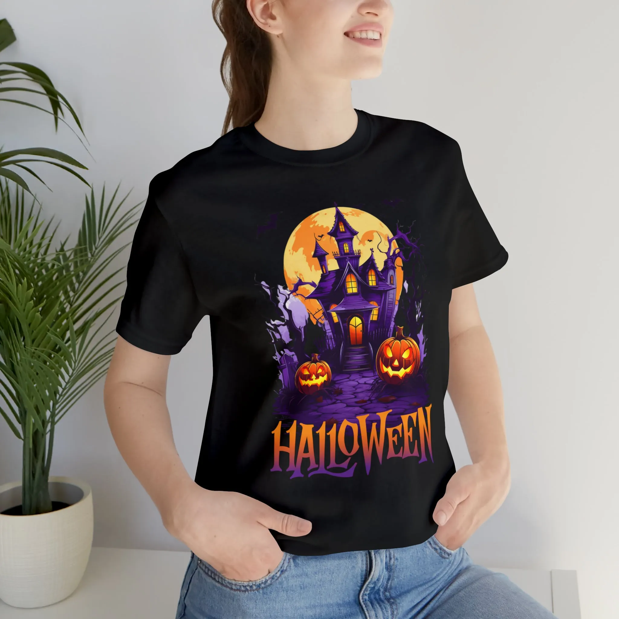 Halloween Haunted House T-Shirt | Scary House with Bats Tee |  Bella Canvas 3001Unisex | Spooky Short Sleeve Tshirt
