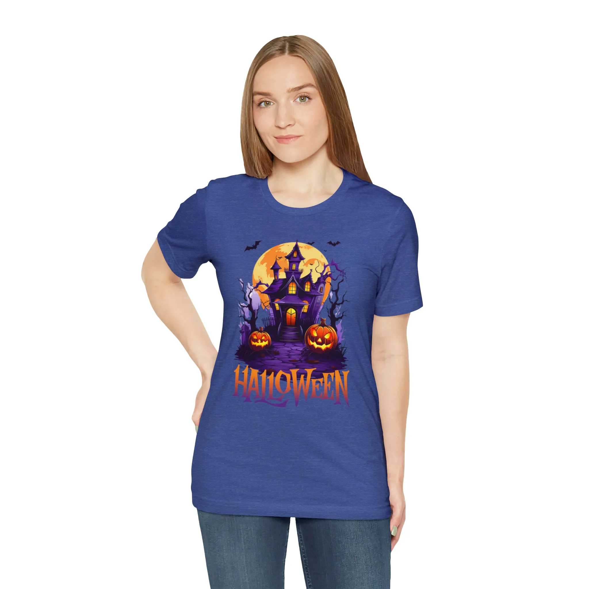 Halloween Haunted House T-Shirt | Scary House with Bats Tee |  Bella Canvas 3001Unisex | Spooky Short Sleeve Tshirt