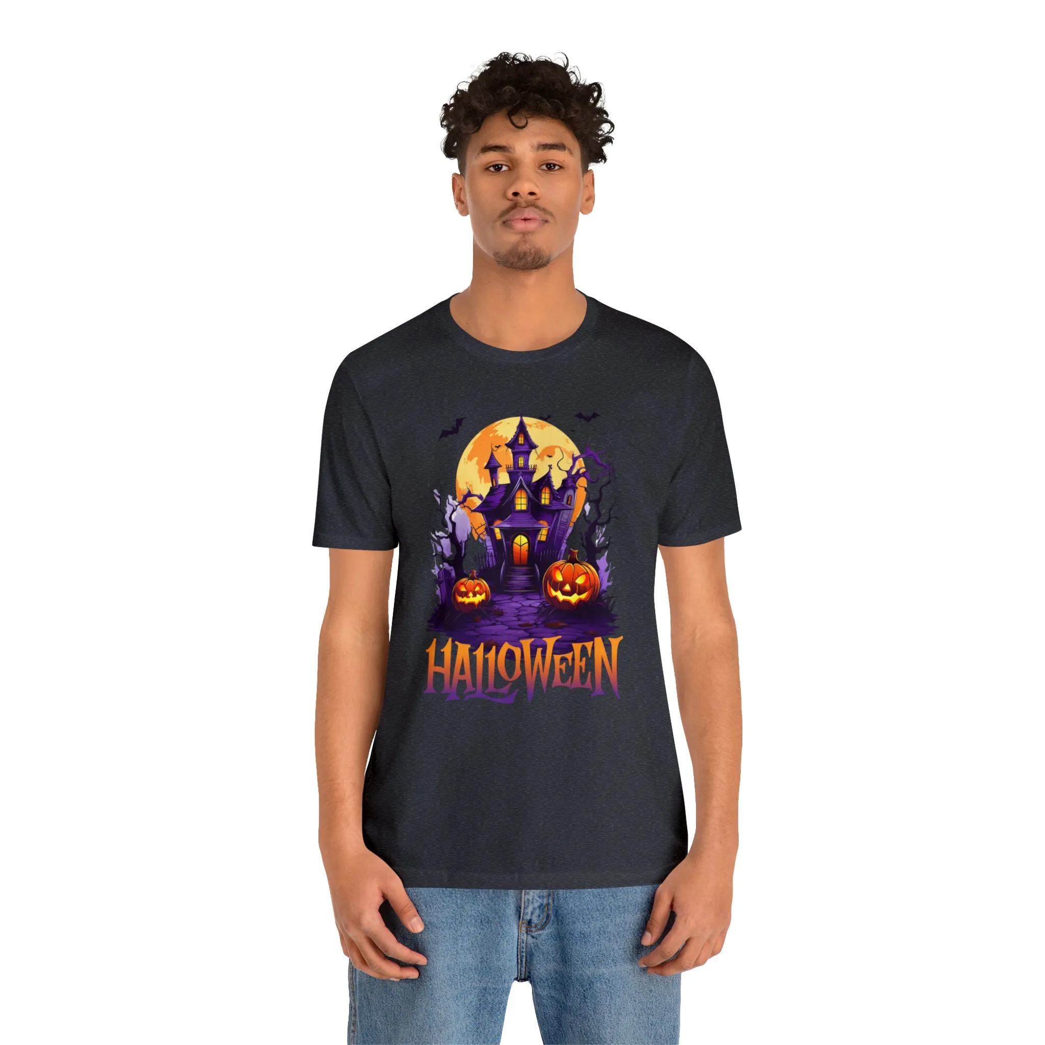 Halloween Haunted House T-Shirt | Scary House with Bats Tee |  Bella Canvas 3001Unisex | Spooky Short Sleeve Tshirt
