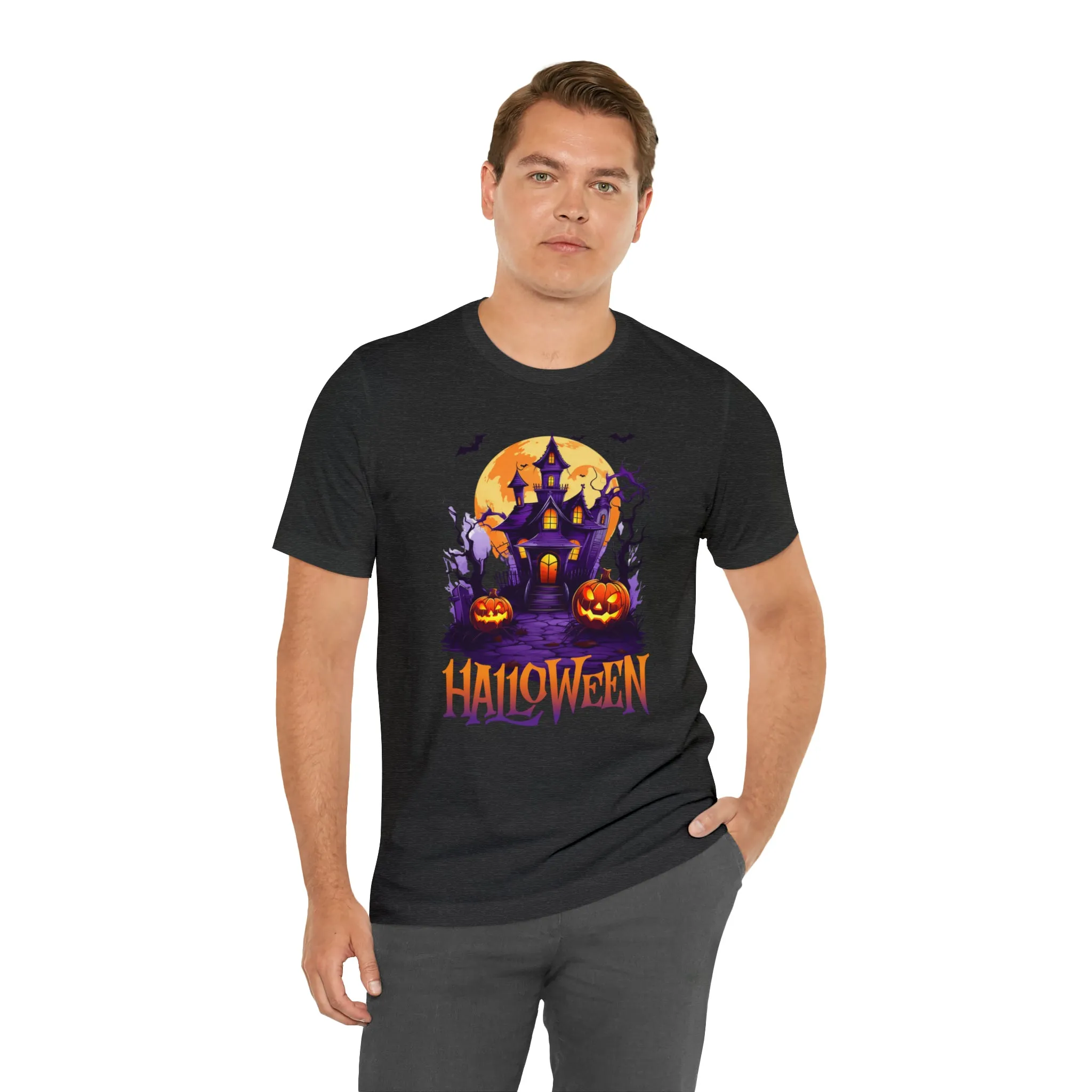 Halloween Haunted House T-Shirt | Scary House with Bats Tee |  Bella Canvas 3001Unisex | Spooky Short Sleeve Tshirt