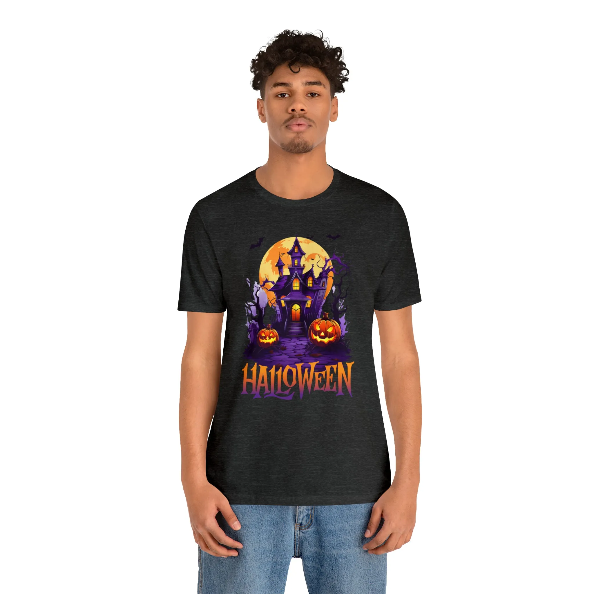 Halloween Haunted House T-Shirt | Scary House with Bats Tee |  Bella Canvas 3001Unisex | Spooky Short Sleeve Tshirt