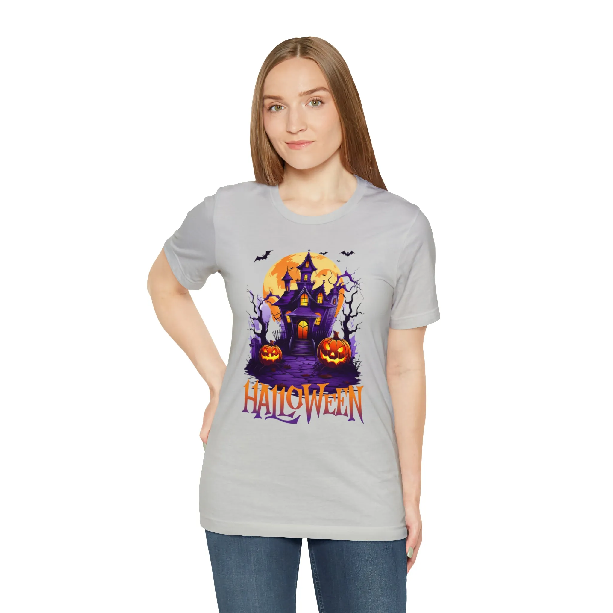Halloween Haunted House T-Shirt | Scary House with Bats Tee |  Bella Canvas 3001Unisex | Spooky Short Sleeve Tshirt
