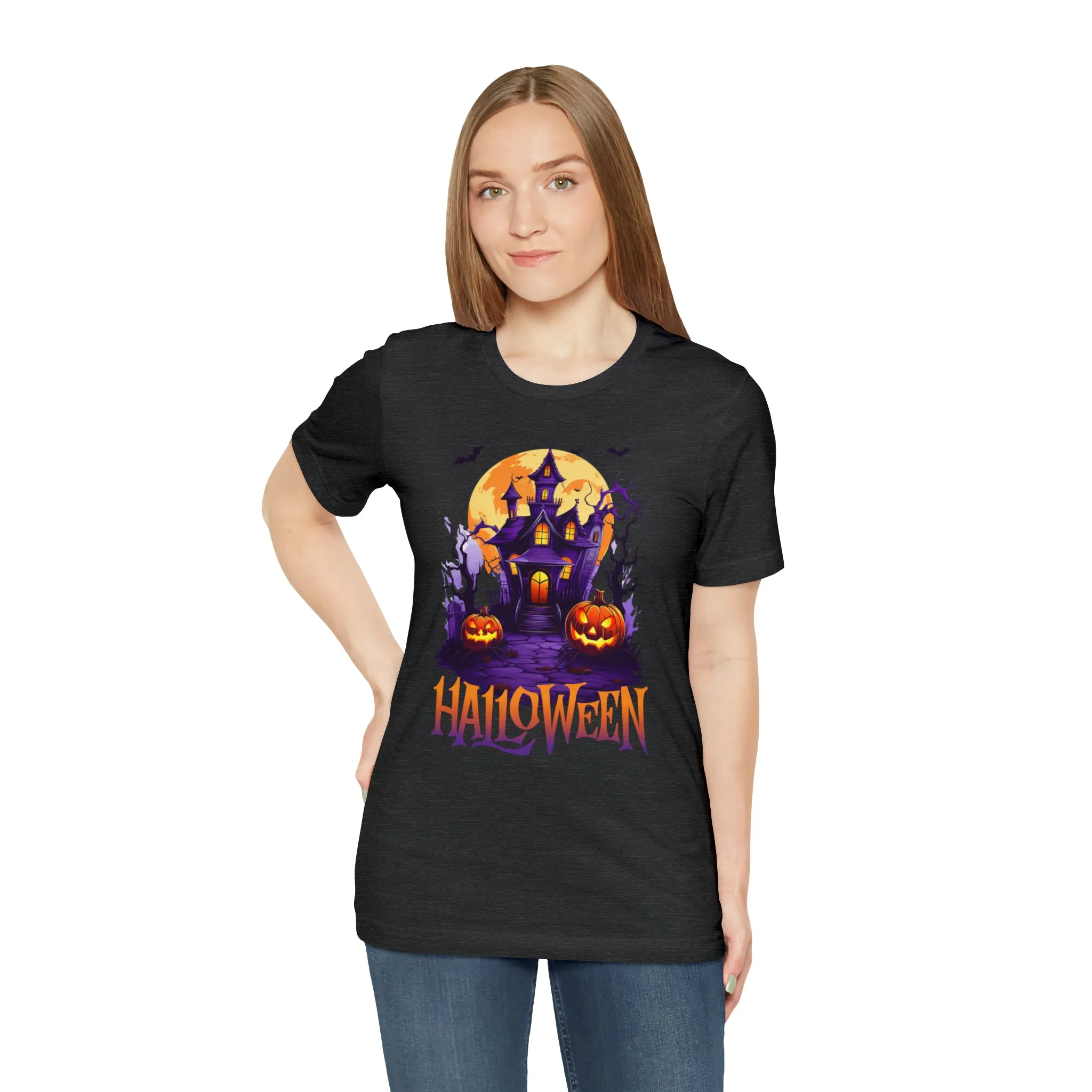 Halloween Haunted House T-Shirt | Scary House with Bats Tee |  Bella Canvas 3001Unisex | Spooky Short Sleeve Tshirt
