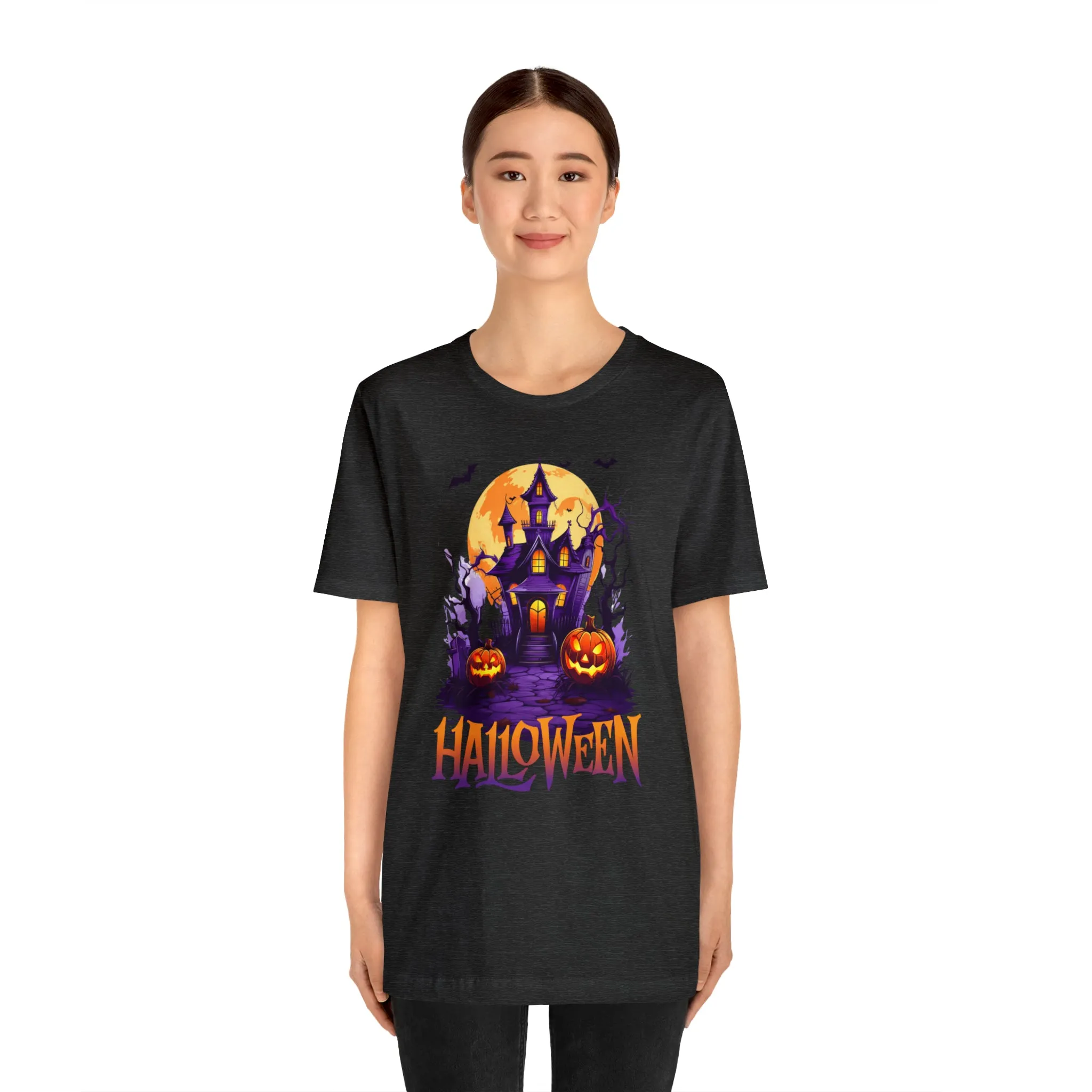 Halloween Haunted House T-Shirt | Scary House with Bats Tee |  Bella Canvas 3001Unisex | Spooky Short Sleeve Tshirt