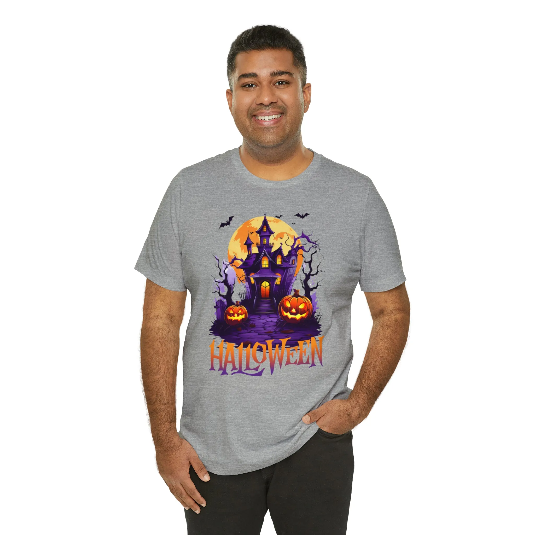 Halloween Haunted House T-Shirt | Scary House with Bats Tee |  Bella Canvas 3001Unisex | Spooky Short Sleeve Tshirt