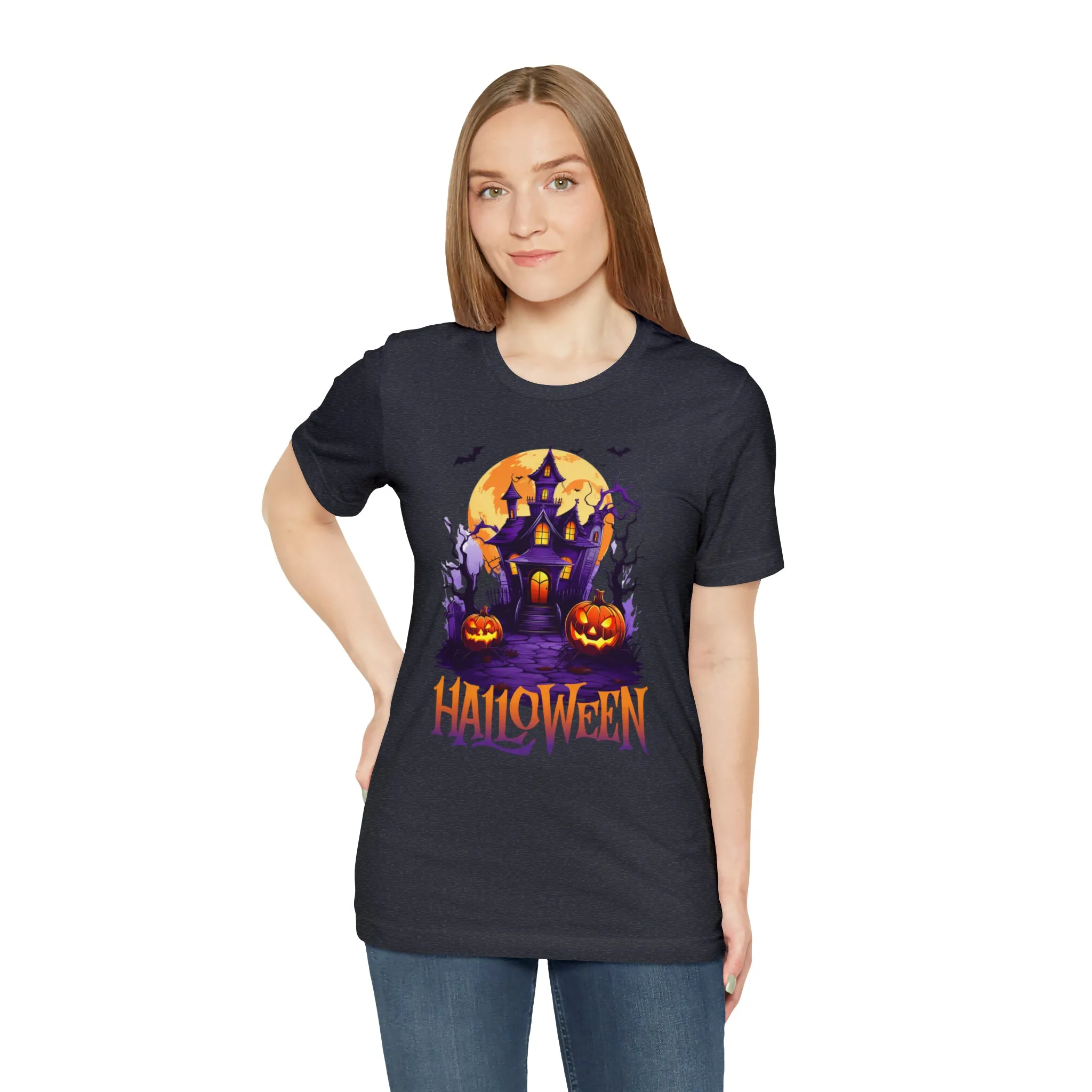 Halloween Haunted House T-Shirt | Scary House with Bats Tee |  Bella Canvas 3001Unisex | Spooky Short Sleeve Tshirt