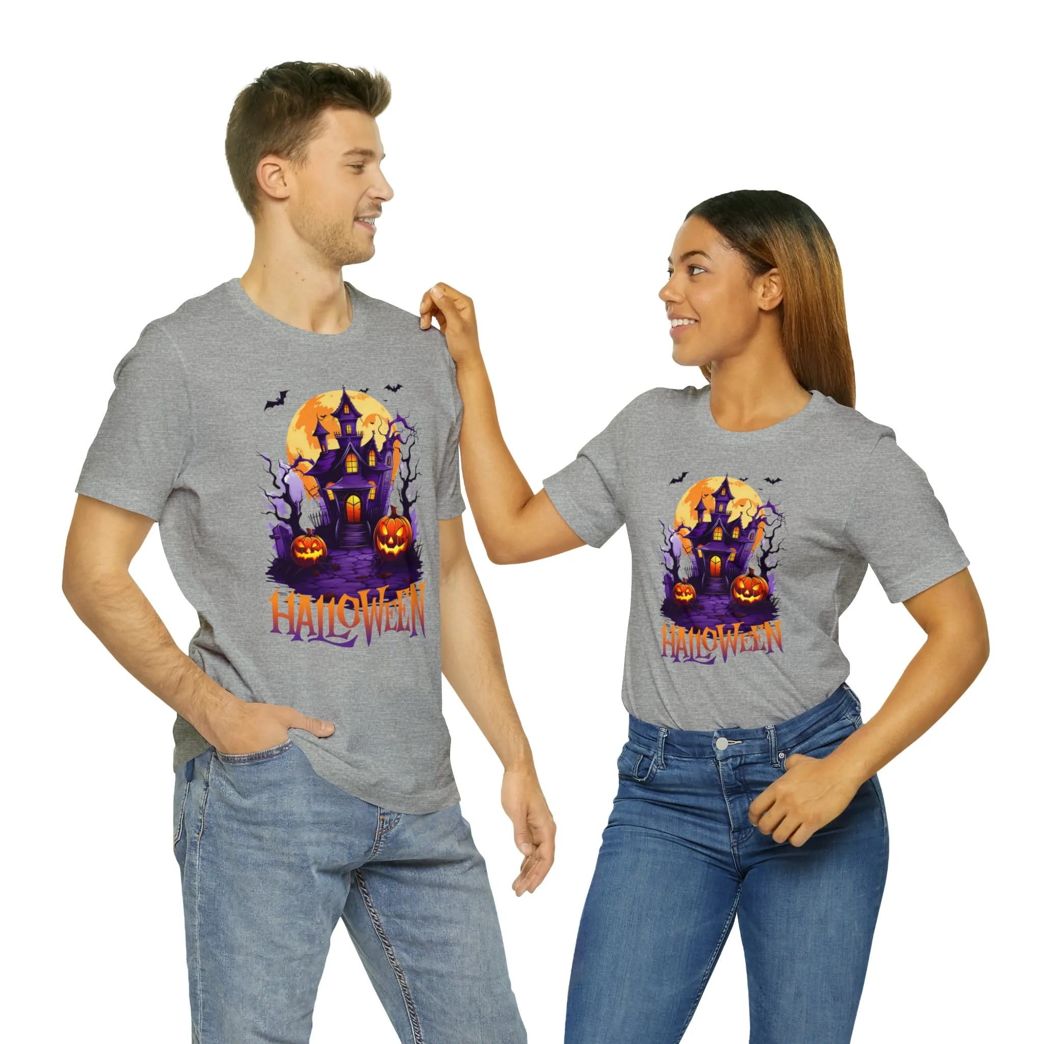 Halloween Haunted House T-Shirt | Scary House with Bats Tee |  Bella Canvas 3001Unisex | Spooky Short Sleeve Tshirt