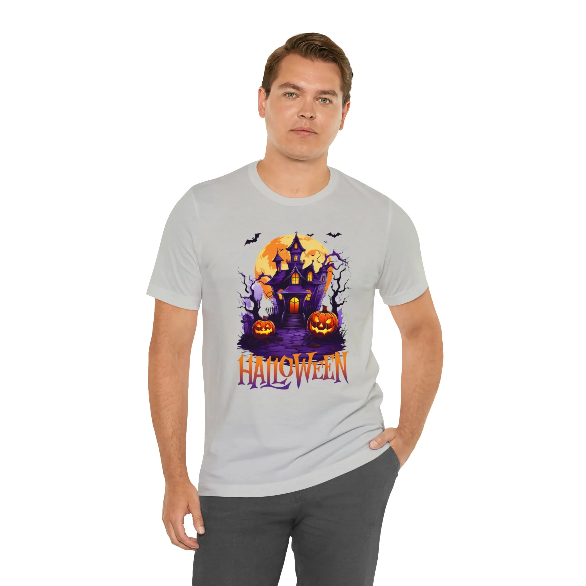Halloween Haunted House T-Shirt | Scary House with Bats Tee |  Bella Canvas 3001Unisex | Spooky Short Sleeve Tshirt