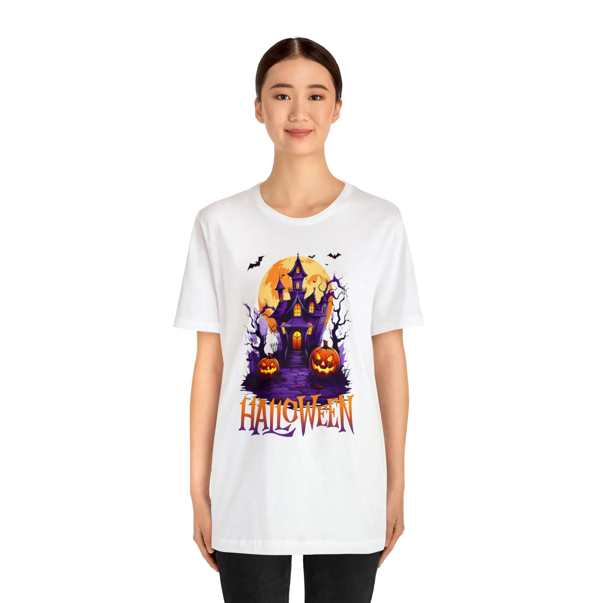 Halloween Haunted House T-Shirt | Scary House with Bats Tee |  Bella Canvas 3001Unisex | Spooky Short Sleeve Tshirt