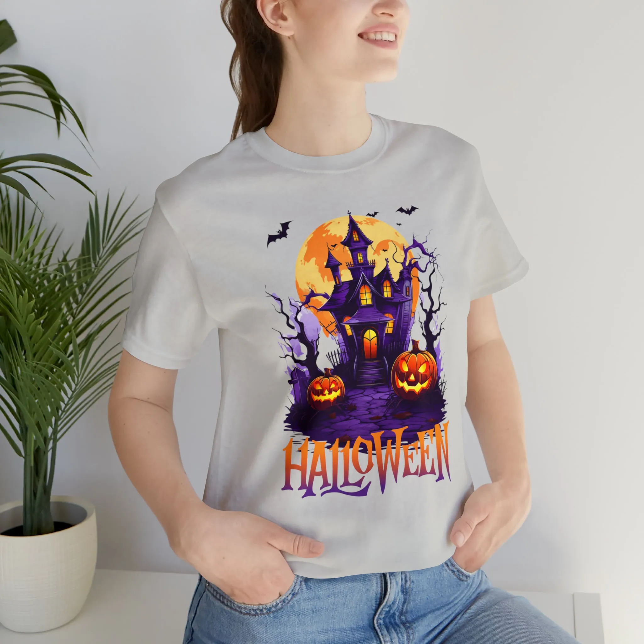 Halloween Haunted House T-Shirt | Scary House with Bats Tee |  Bella Canvas 3001Unisex | Spooky Short Sleeve Tshirt