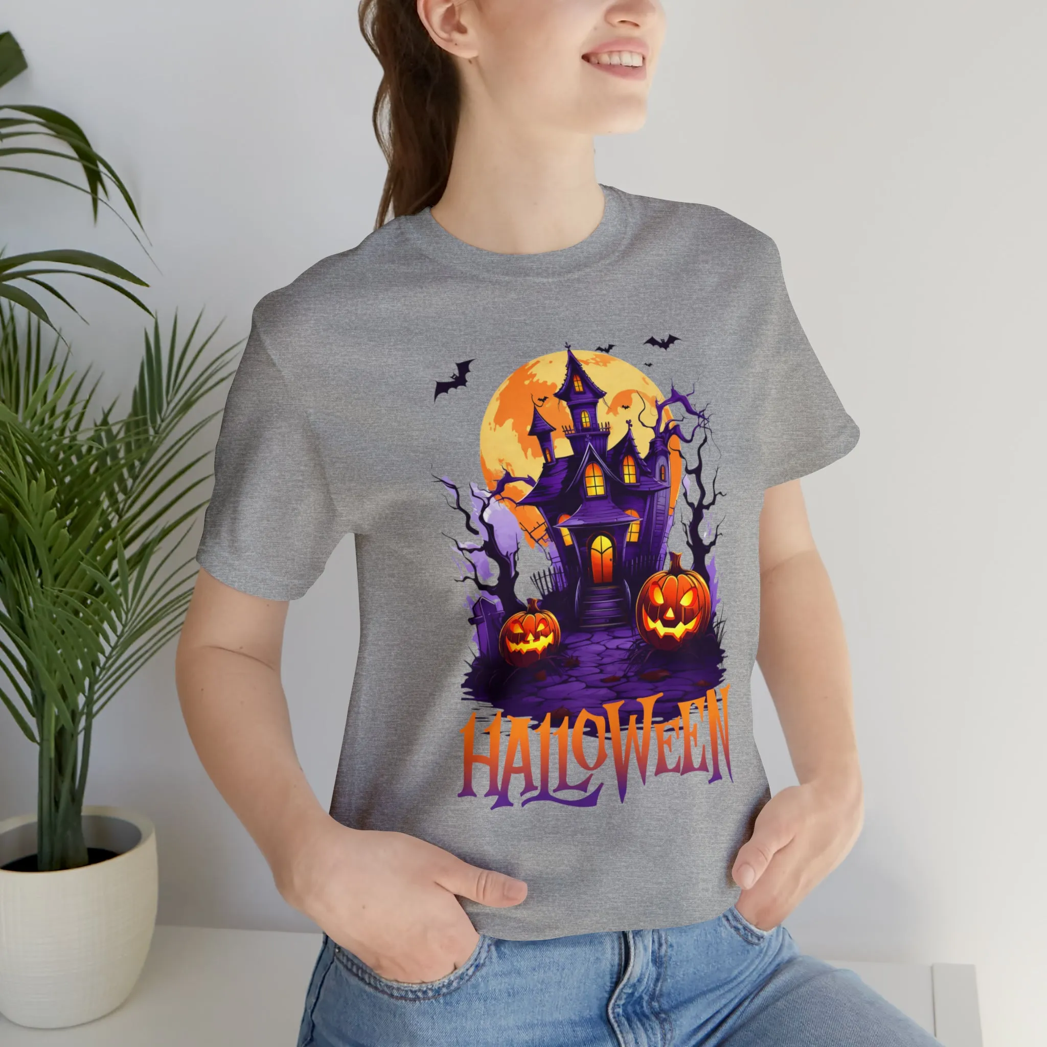 Halloween Haunted House T-Shirt | Scary House with Bats Tee |  Bella Canvas 3001Unisex | Spooky Short Sleeve Tshirt