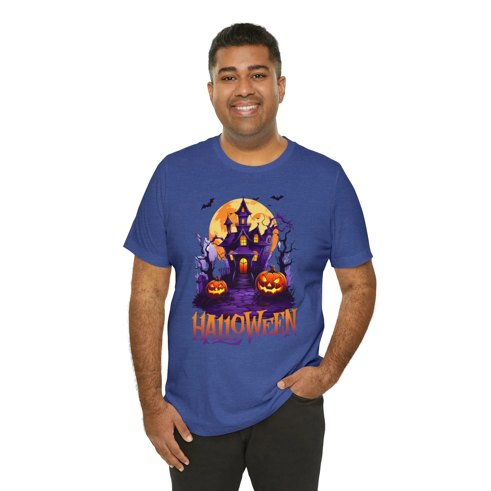 Halloween Haunted House T-Shirt | Scary House with Bats Tee |  Bella Canvas 3001Unisex | Spooky Short Sleeve Tshirt