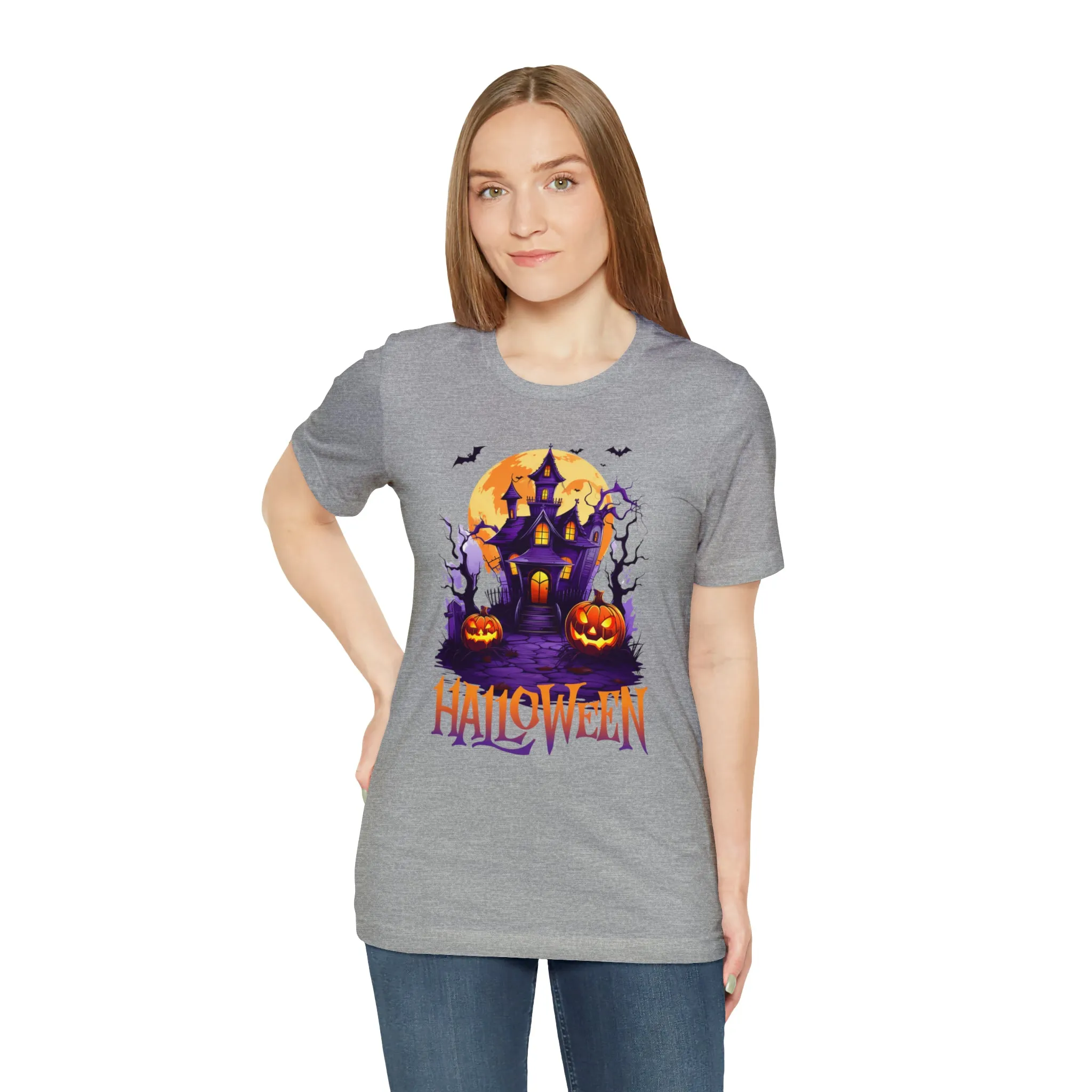 Halloween Haunted House T-Shirt | Scary House with Bats Tee |  Bella Canvas 3001Unisex | Spooky Short Sleeve Tshirt