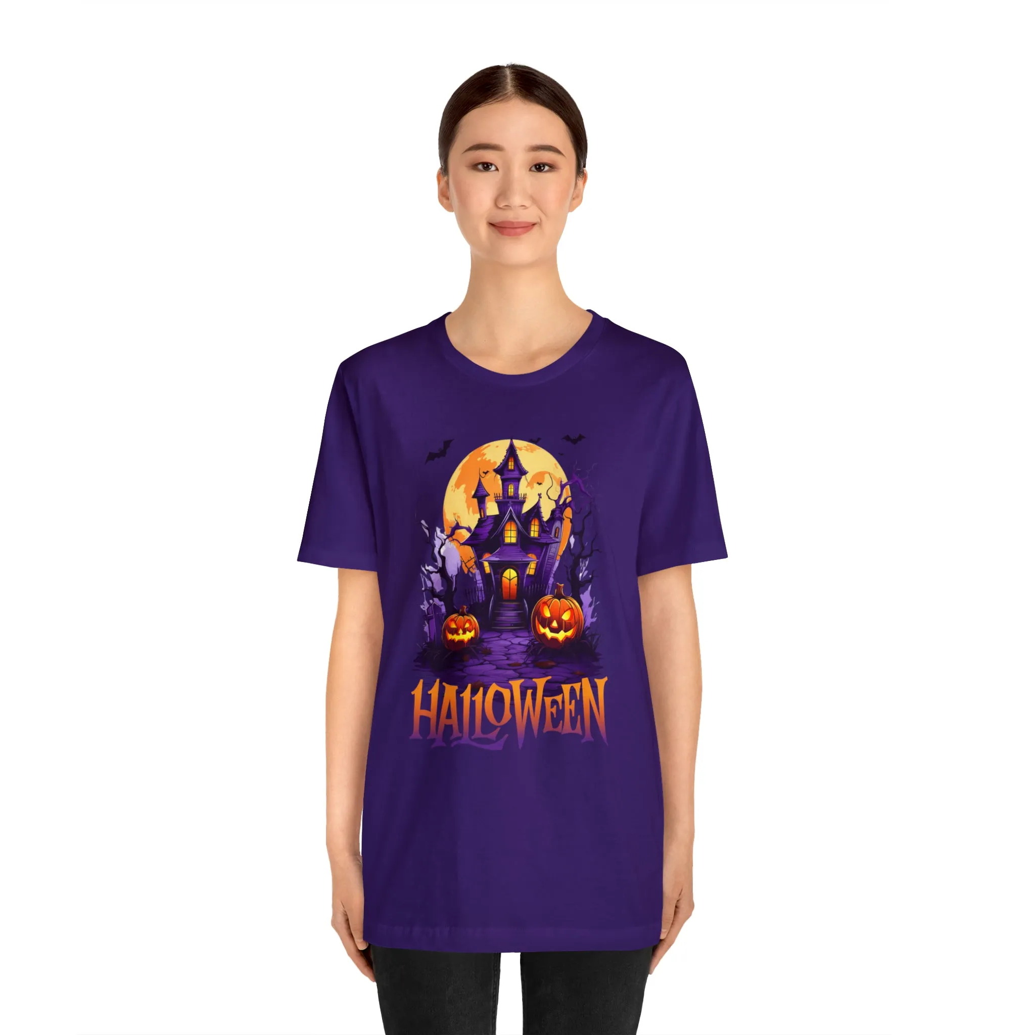 Halloween Haunted House T-Shirt | Scary House with Bats Tee |  Bella Canvas 3001Unisex | Spooky Short Sleeve Tshirt