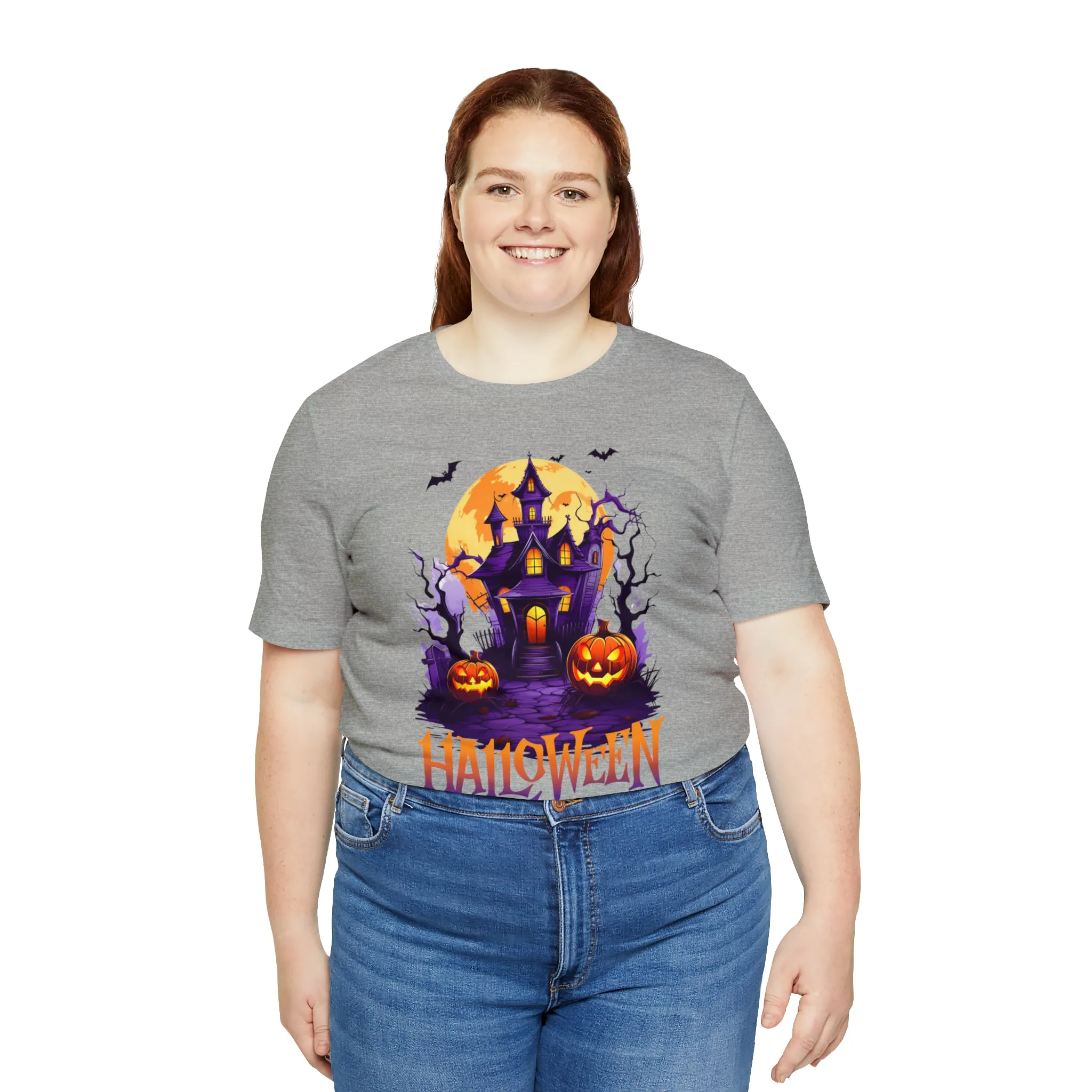 Halloween Haunted House T-Shirt | Scary House with Bats Tee |  Bella Canvas 3001Unisex | Spooky Short Sleeve Tshirt