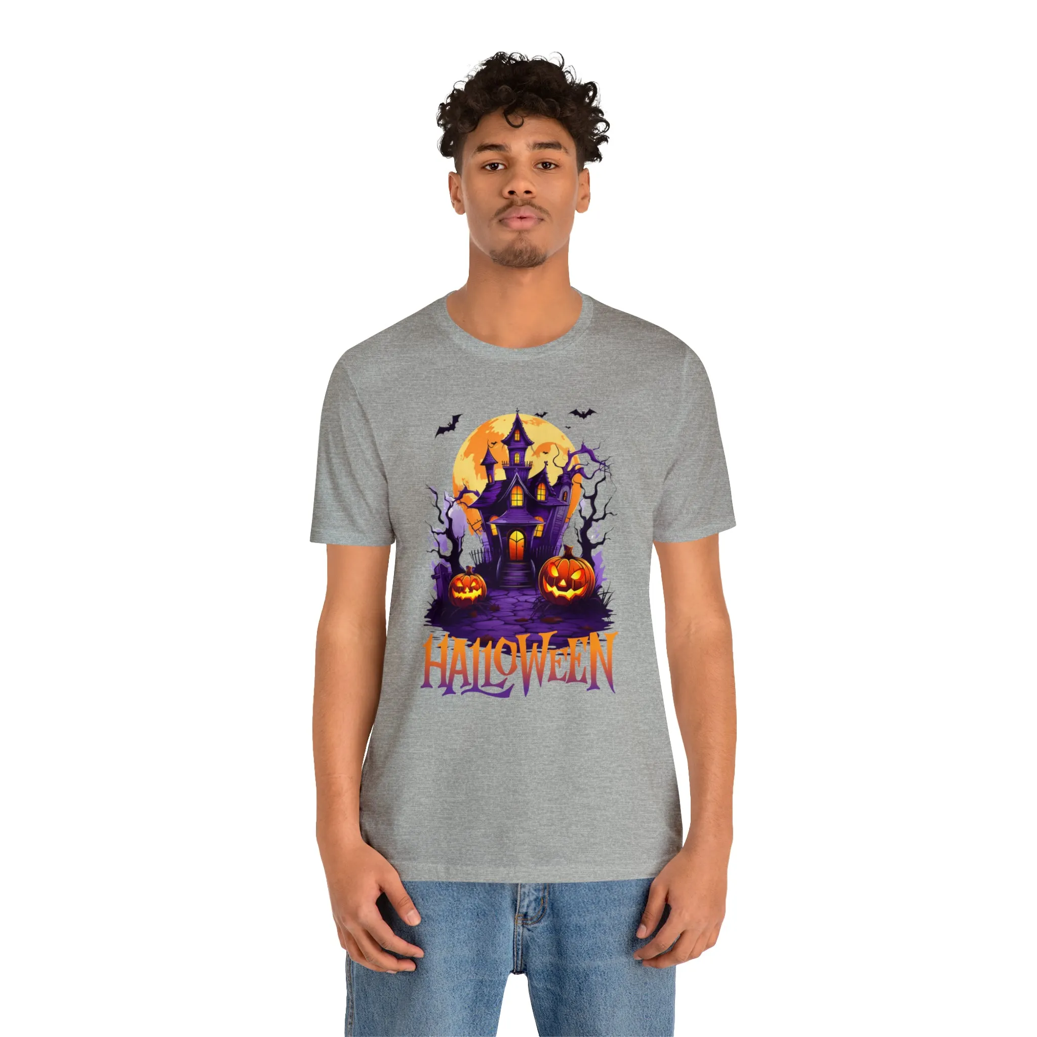 Halloween Haunted House T-Shirt | Scary House with Bats Tee |  Bella Canvas 3001Unisex | Spooky Short Sleeve Tshirt
