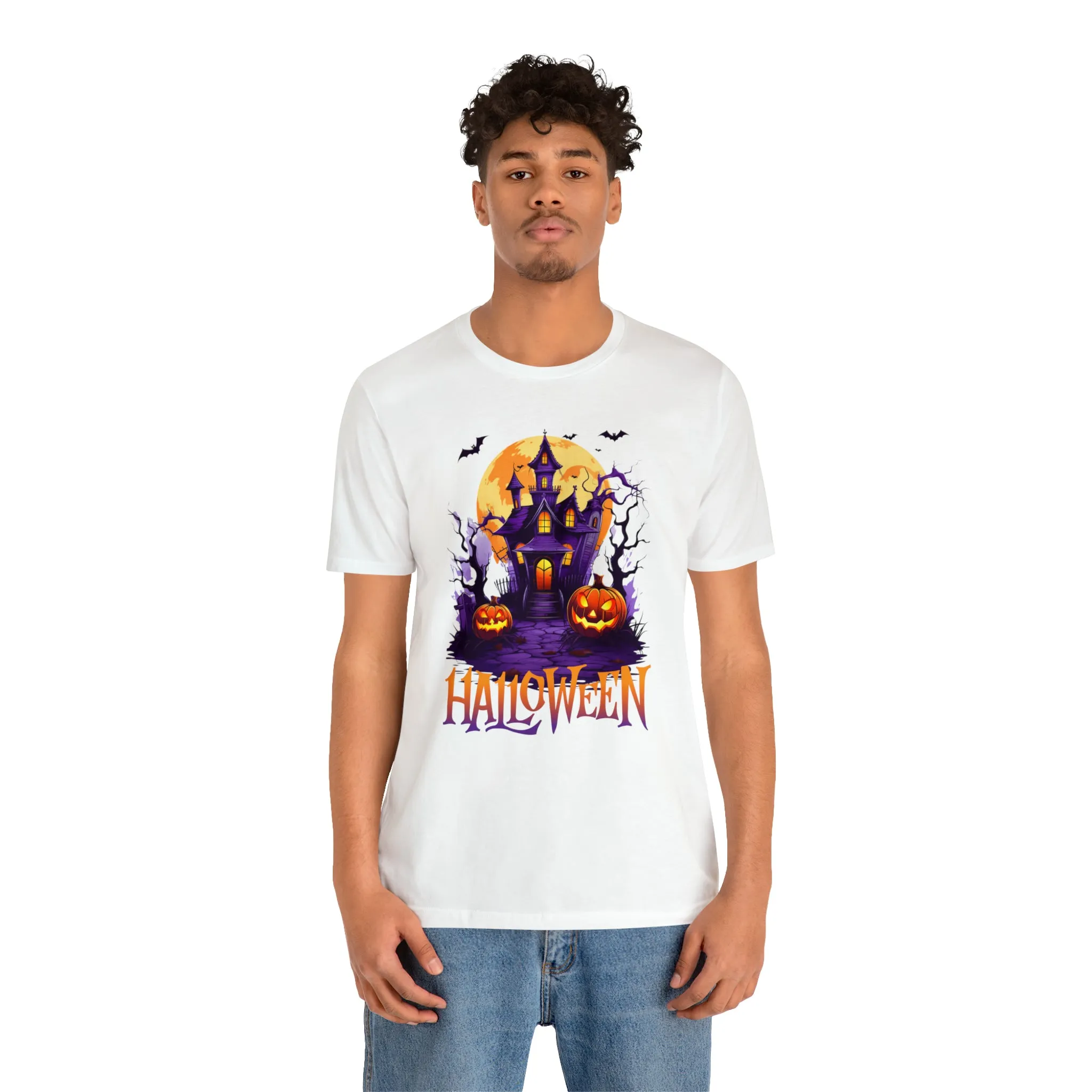 Halloween Haunted House T-Shirt | Scary House with Bats Tee |  Bella Canvas 3001Unisex | Spooky Short Sleeve Tshirt