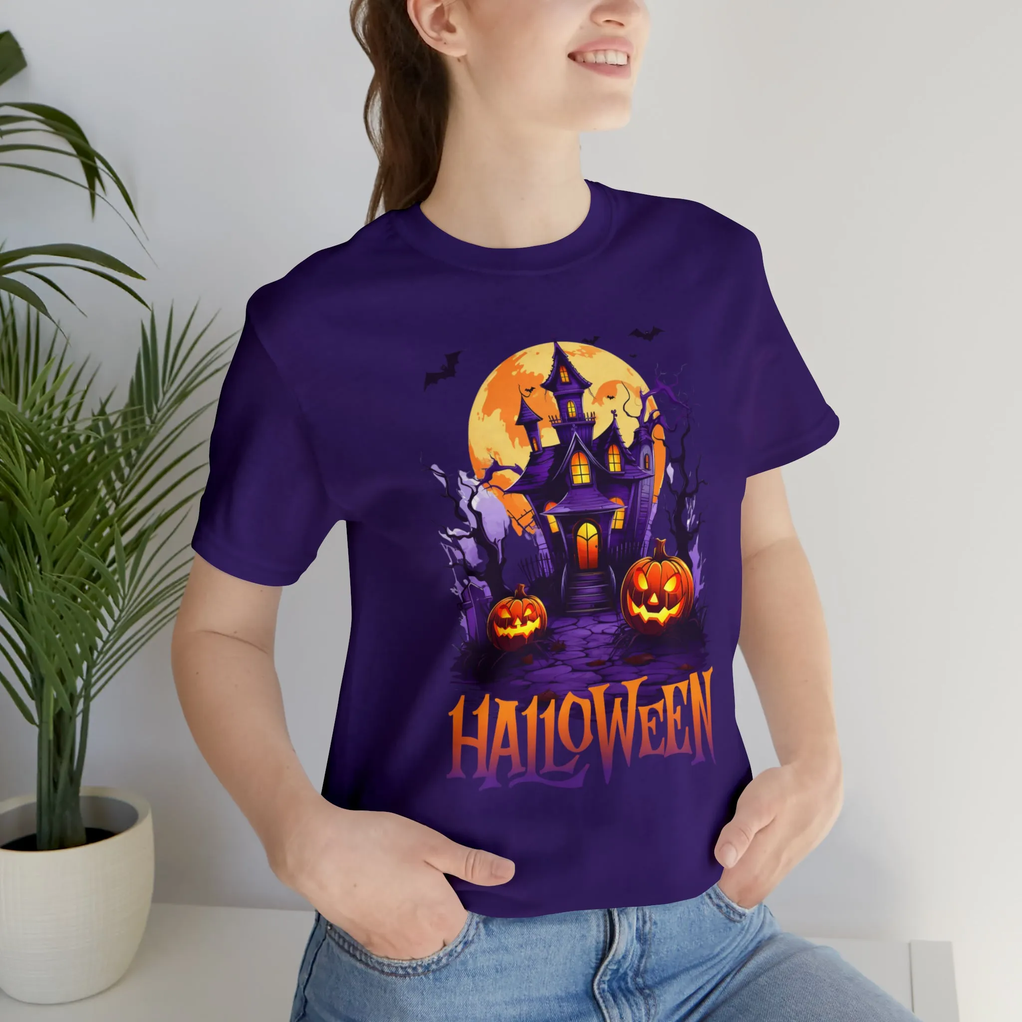 Halloween Haunted House T-Shirt | Scary House with Bats Tee |  Bella Canvas 3001Unisex | Spooky Short Sleeve Tshirt