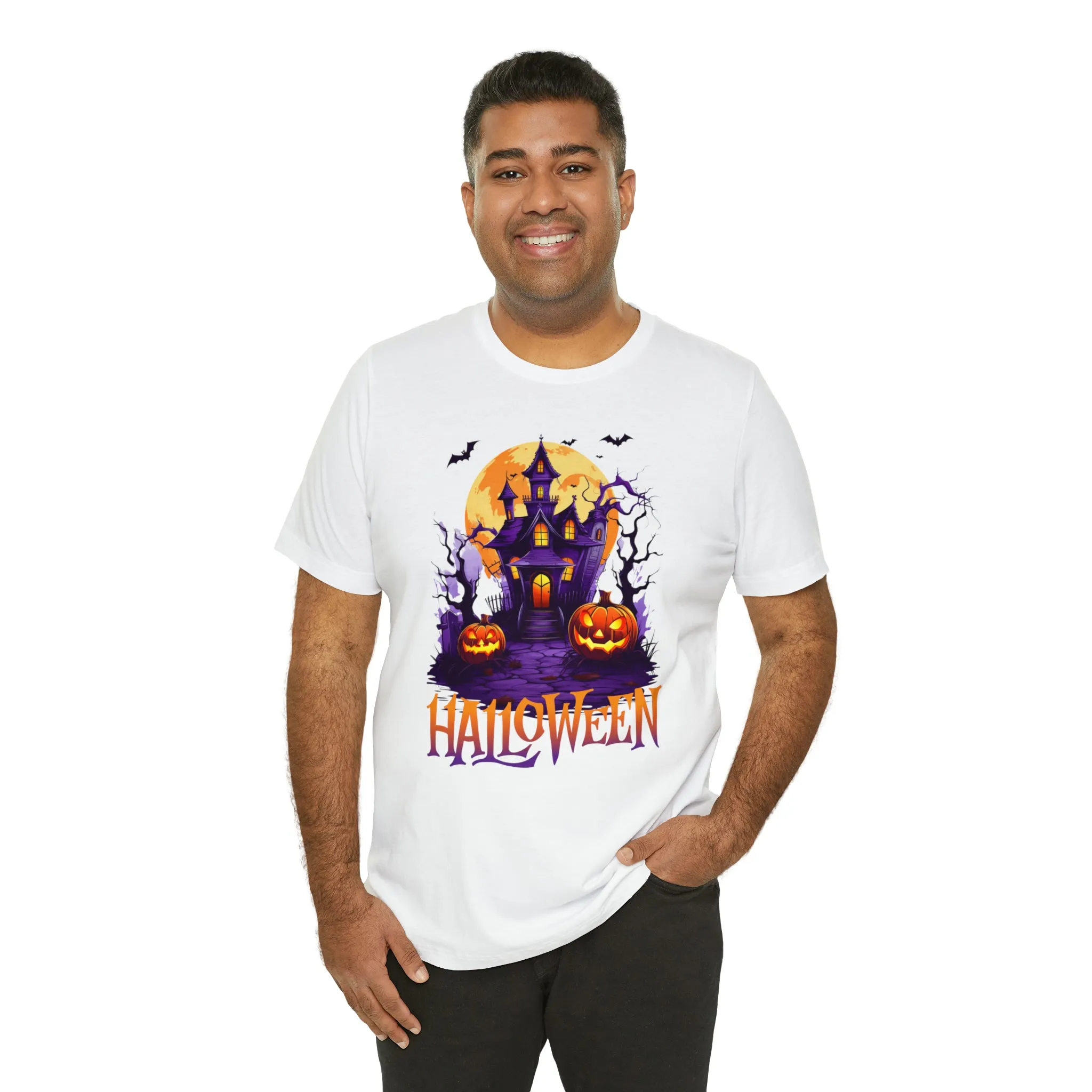 Halloween Haunted House T-Shirt | Scary House with Bats Tee |  Bella Canvas 3001Unisex | Spooky Short Sleeve Tshirt