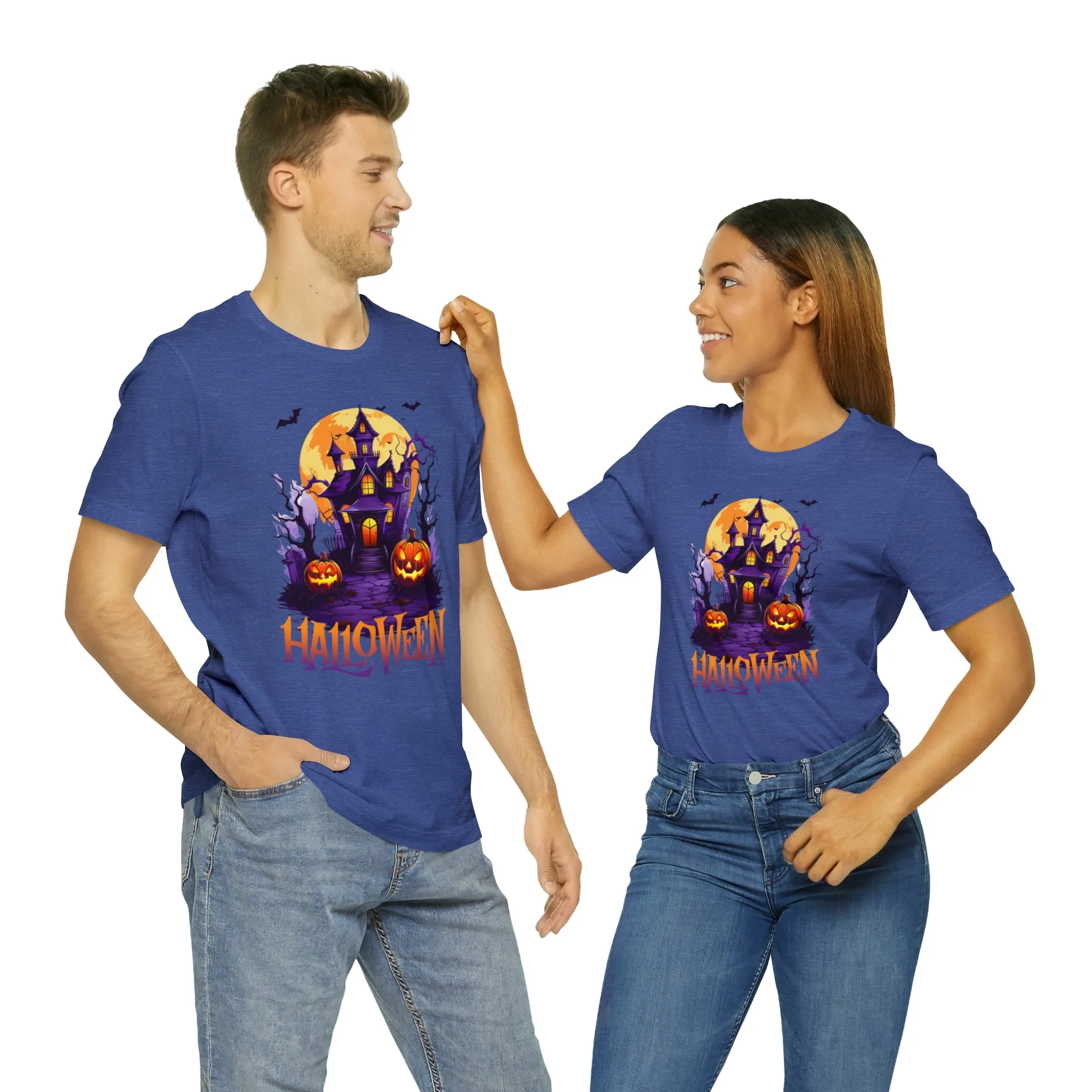 Halloween Haunted House T-Shirt | Scary House with Bats Tee |  Bella Canvas 3001Unisex | Spooky Short Sleeve Tshirt