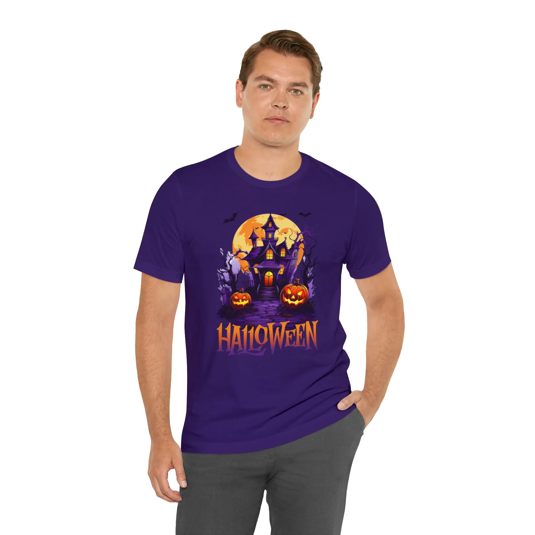 Halloween Haunted House T-Shirt | Scary House with Bats Tee |  Bella Canvas 3001Unisex | Spooky Short Sleeve Tshirt